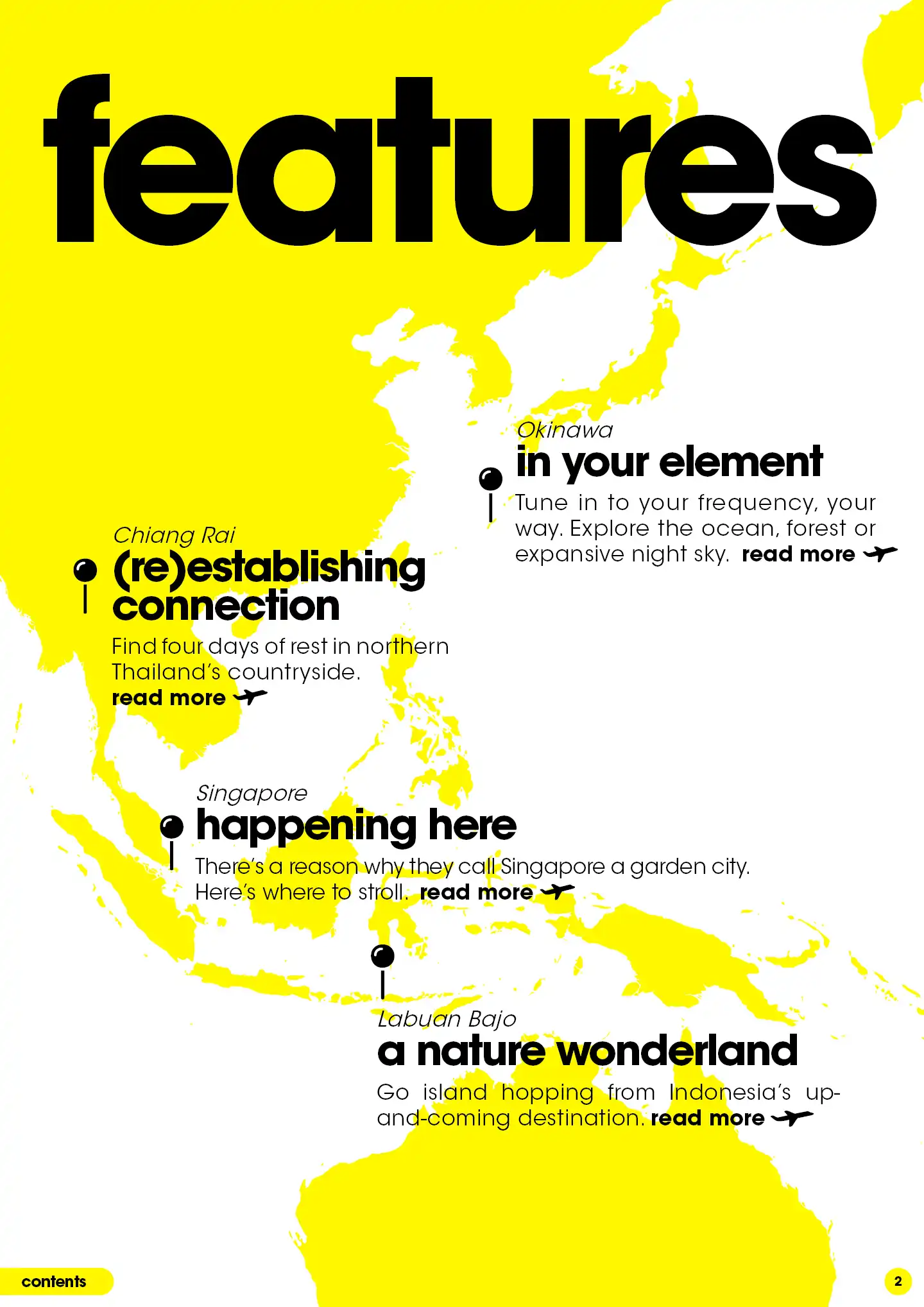 Our featured destinations, Okinawa, Chiang Rai, Singapore and Labuan Bajo 