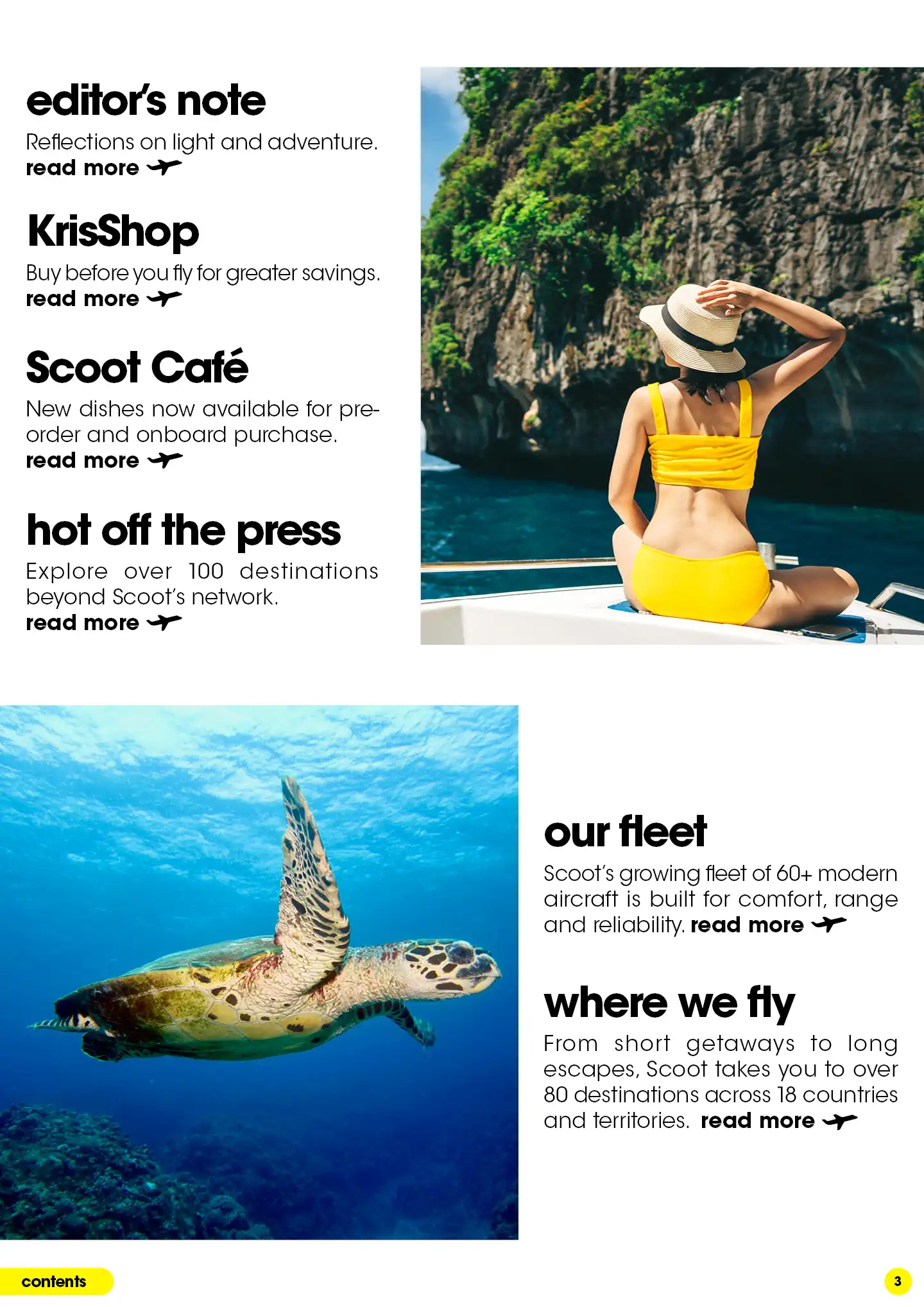 Content list for editors note, Scoot travel add-ons, Krisflyer miles redemption, our fleet, and where we fly