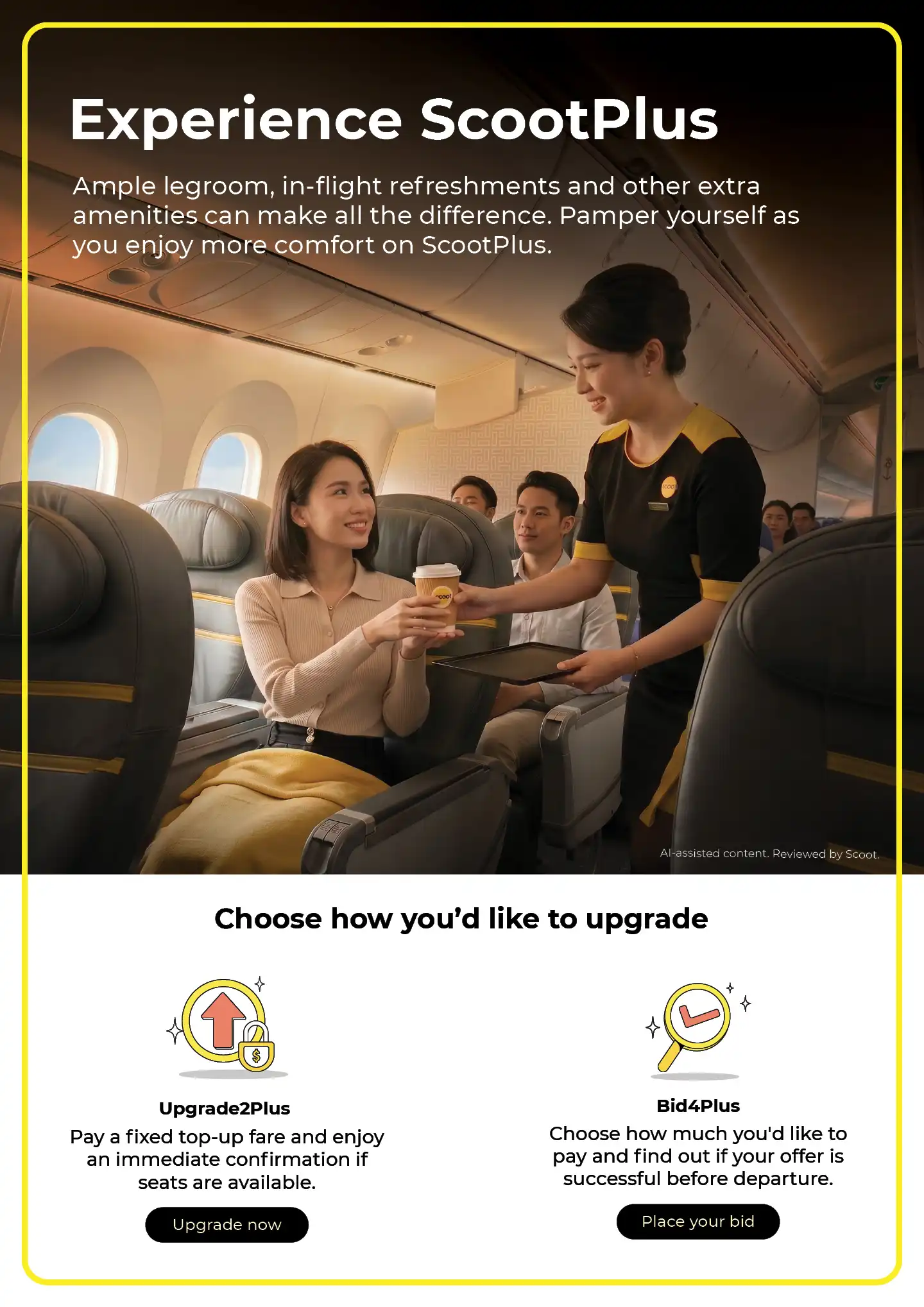 Upgrade2Plus and Bid4Plus to enjoy legroom, in-flight refreshments and more