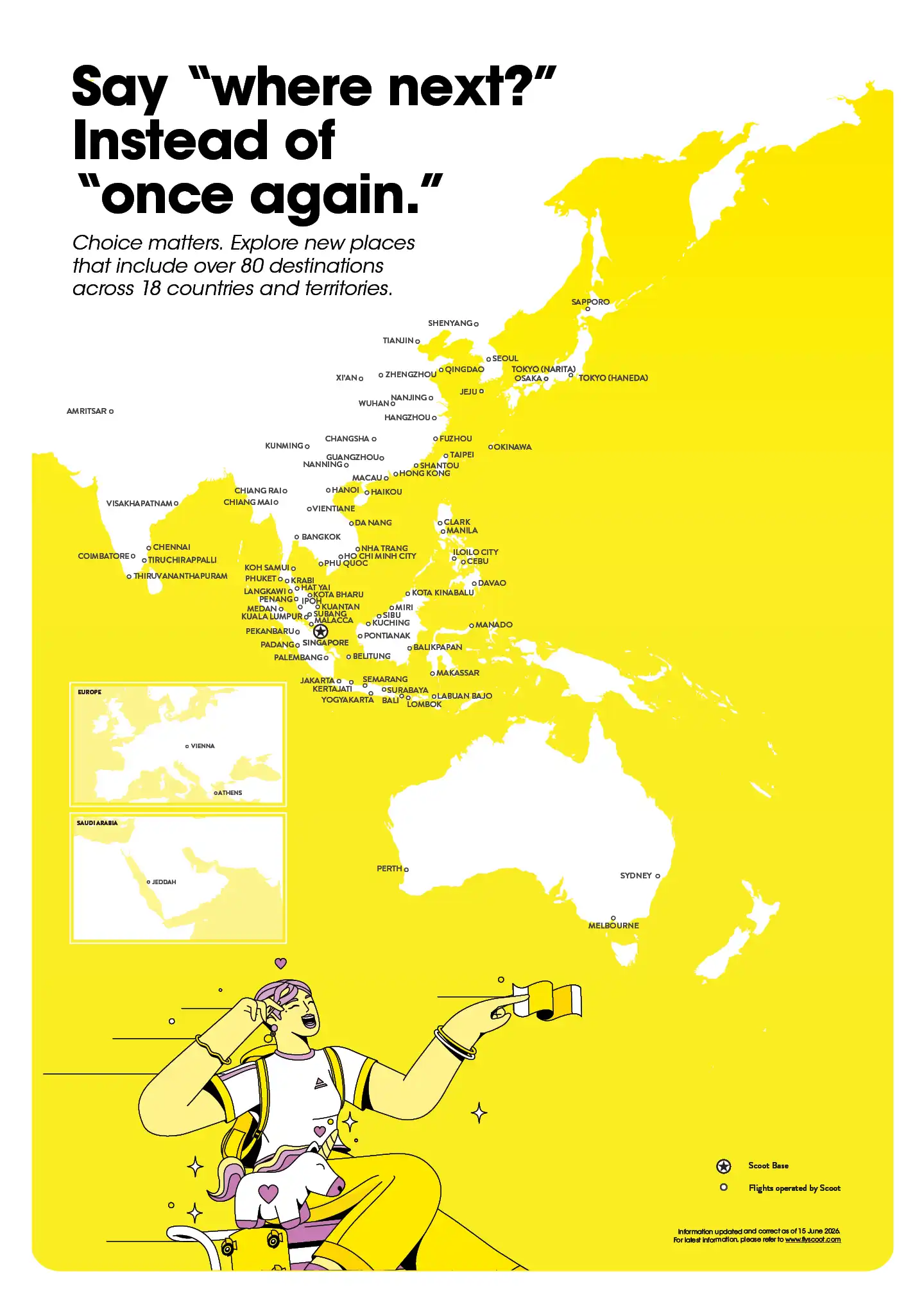 Where to next? Explore over 80 destinations across 18 countries and territories with Scoot