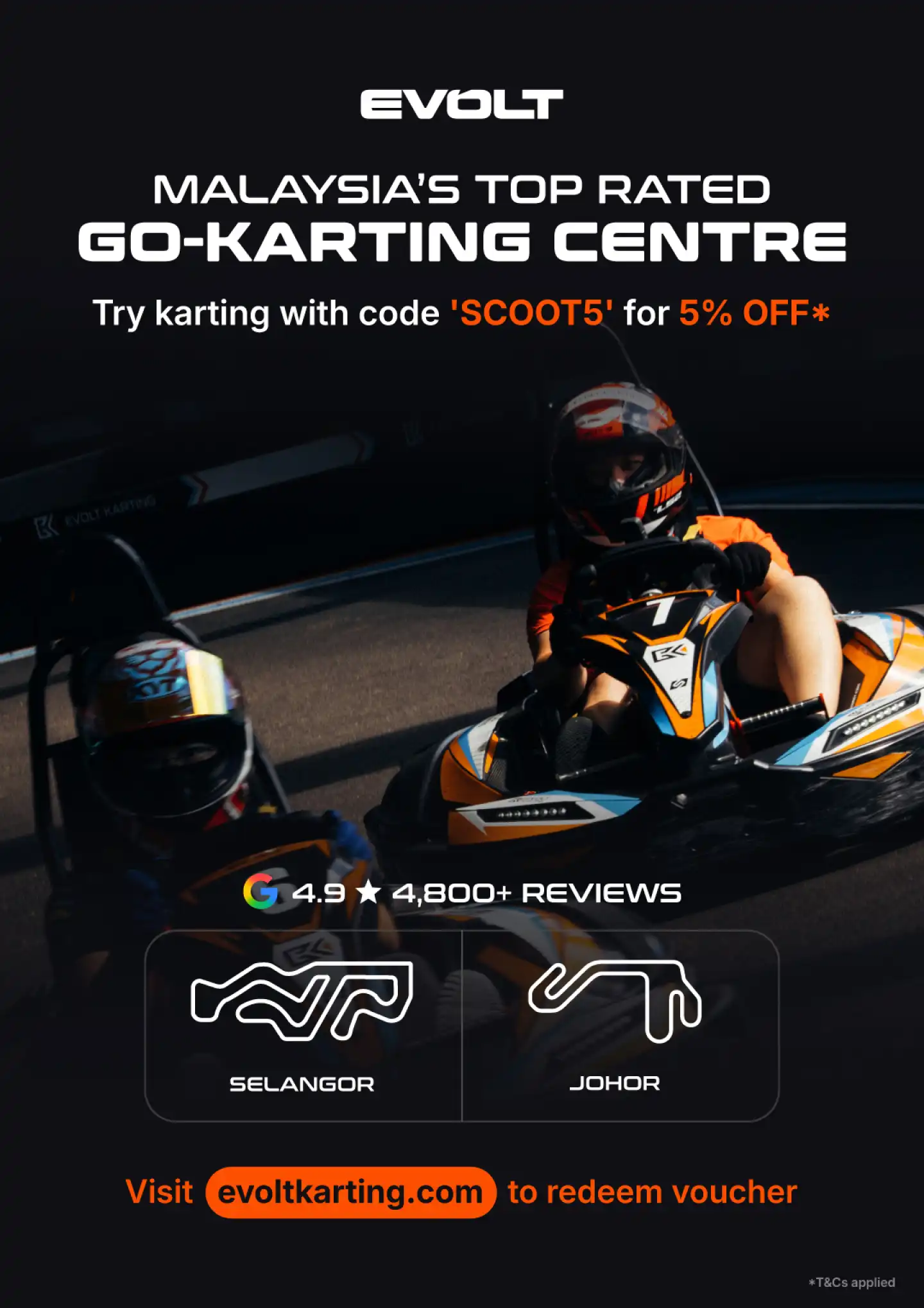 Use SCOOT5 for 5% off at Evolt, Malaysia's top rated go-karting centre 