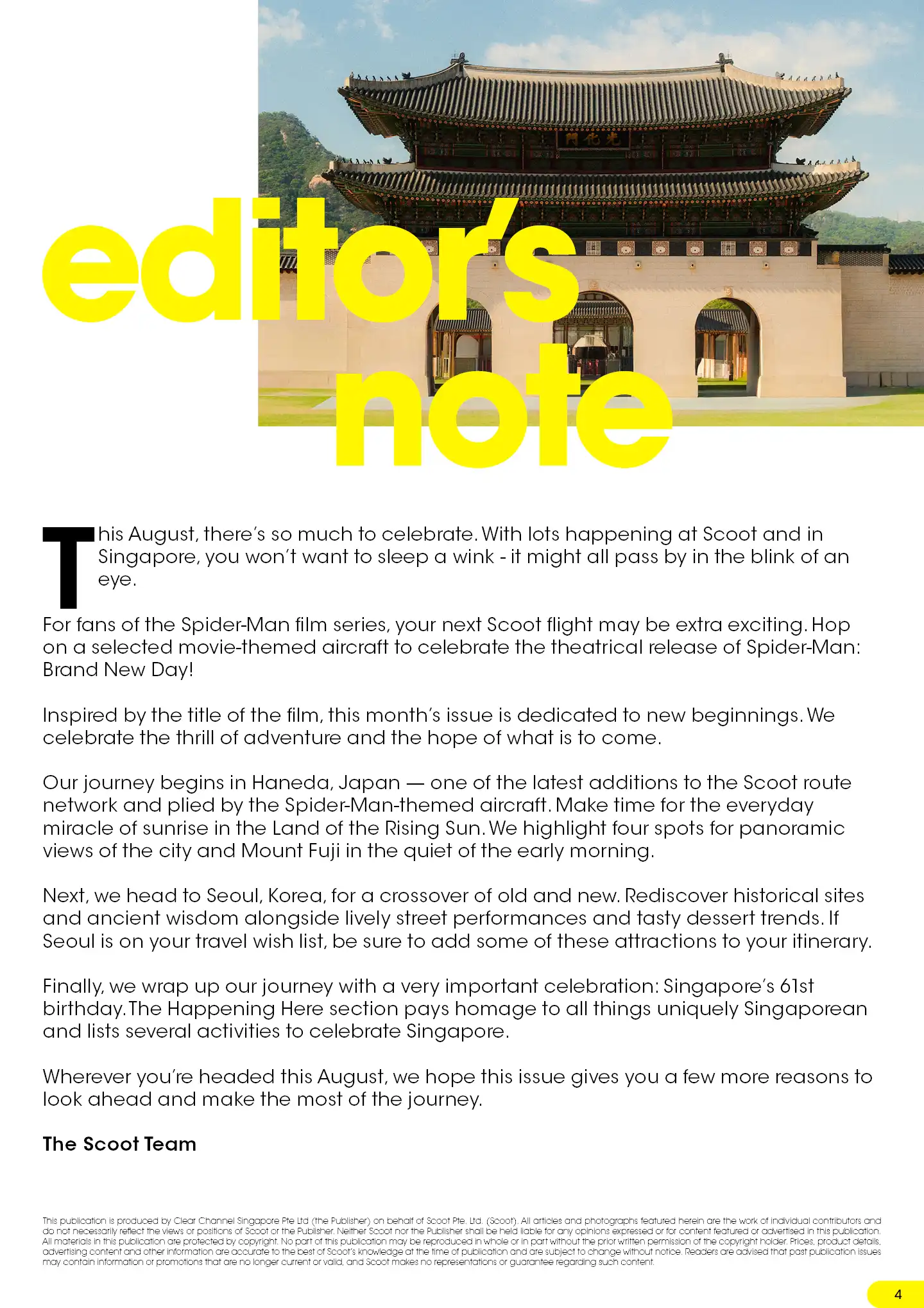 Editor's note featuring Scoot travel highlights, partnerships and destination recommendations