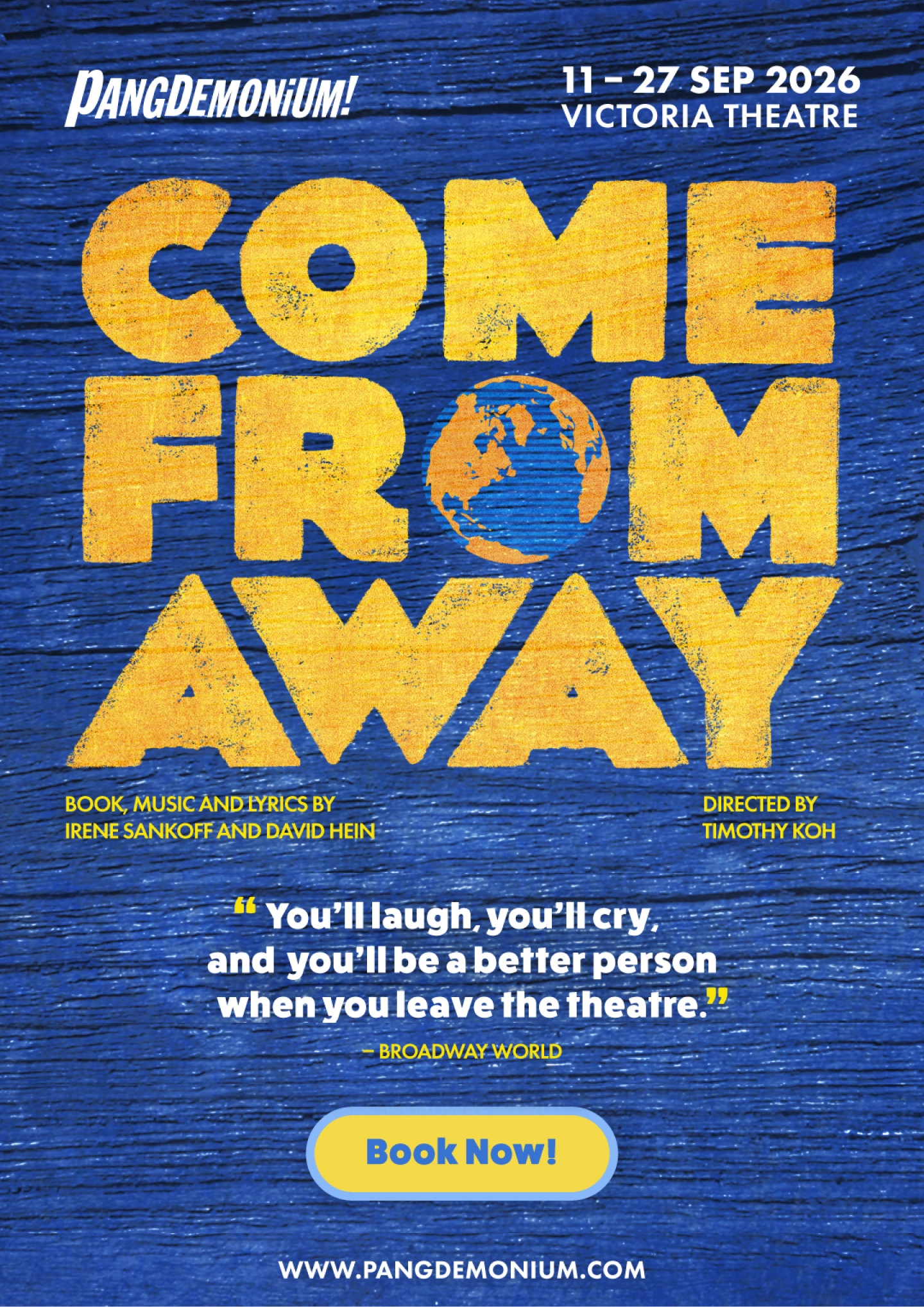 Pangdemonium Come From Away musical advertisement showing from 11- 27 September 2026 at Victoria Theatre