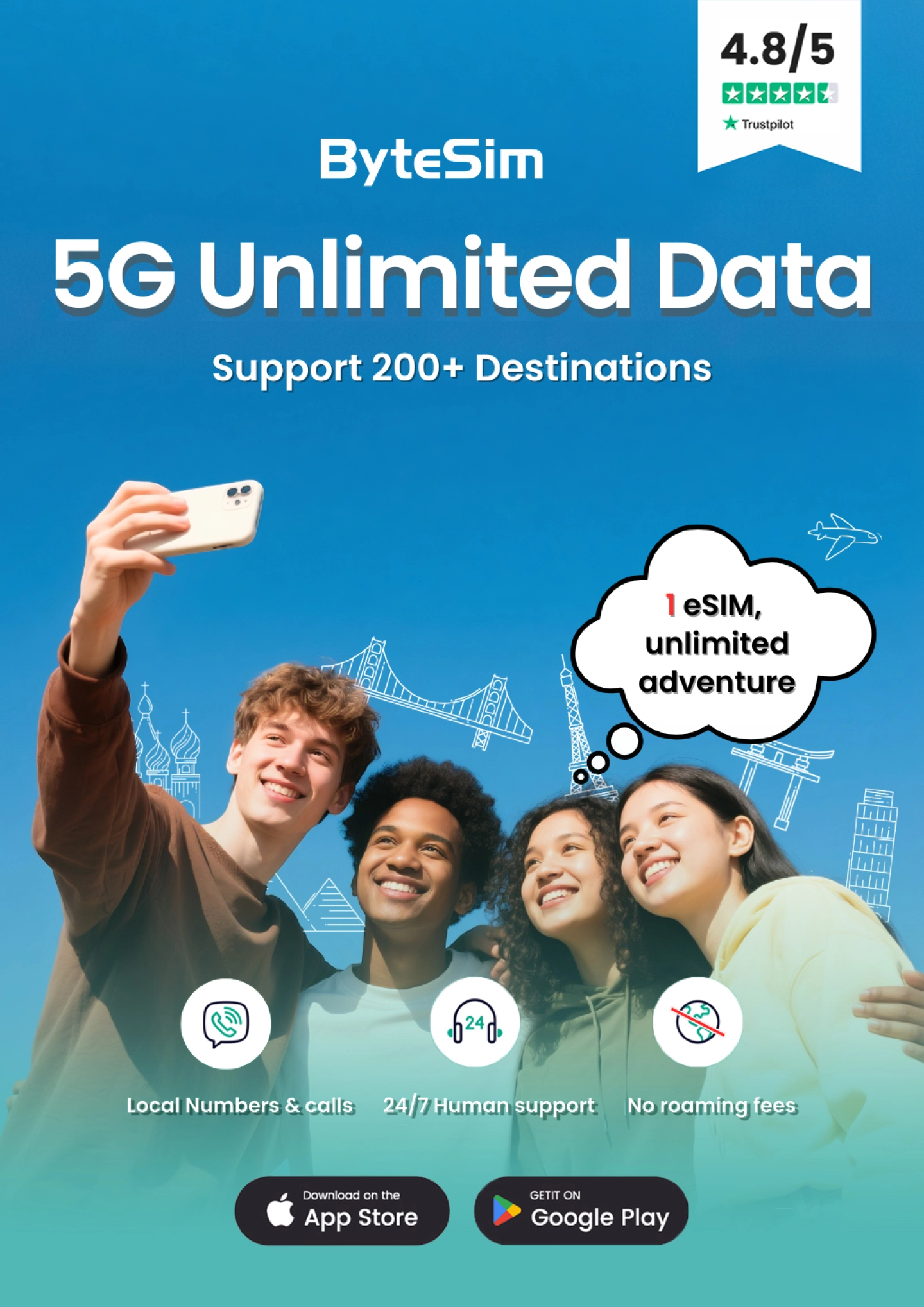 Enjoy unlimited data eSIM for travel connectivity across 200+ destinations with ByteSim 5G