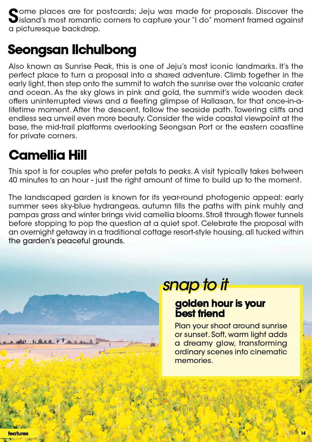 Guide to Jeju proposal spots like Seongsan Ilchulbong and Camellia Hill.