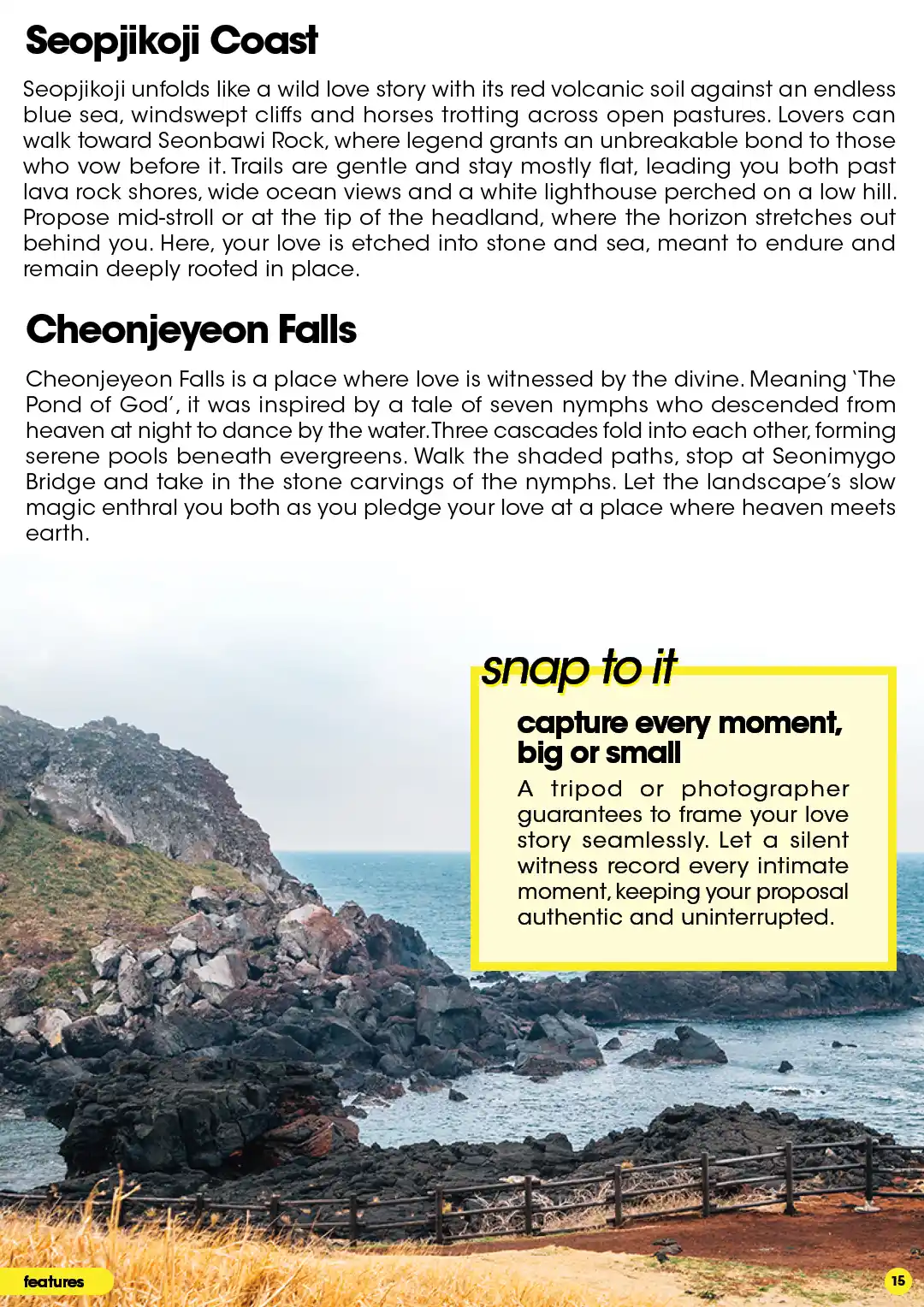 Jeju proposal guide: Seopjikoji Coast & Cheonjeyeon Falls. Features a panoramic coastal view.