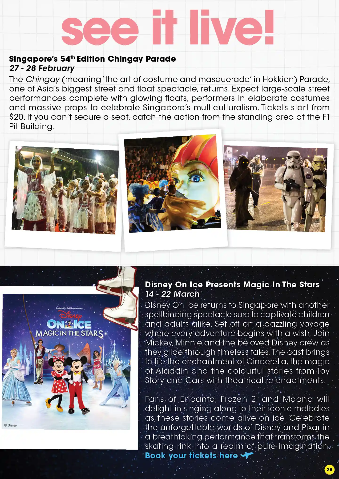 Article promoting date ideas like Disney on Ice and Singapore Botanic Gardens. Main image of Fort Canning Hill.