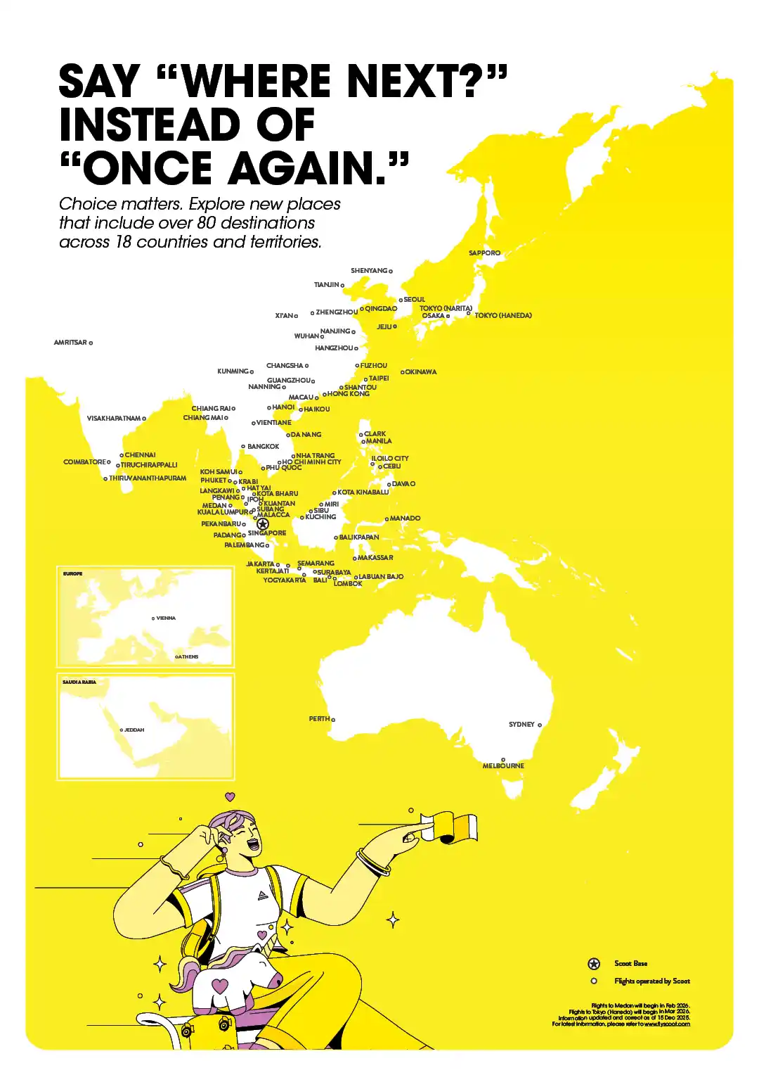 Explore over 80 destinations across 18 countries. Map of destinations serviced by Scoot airline.