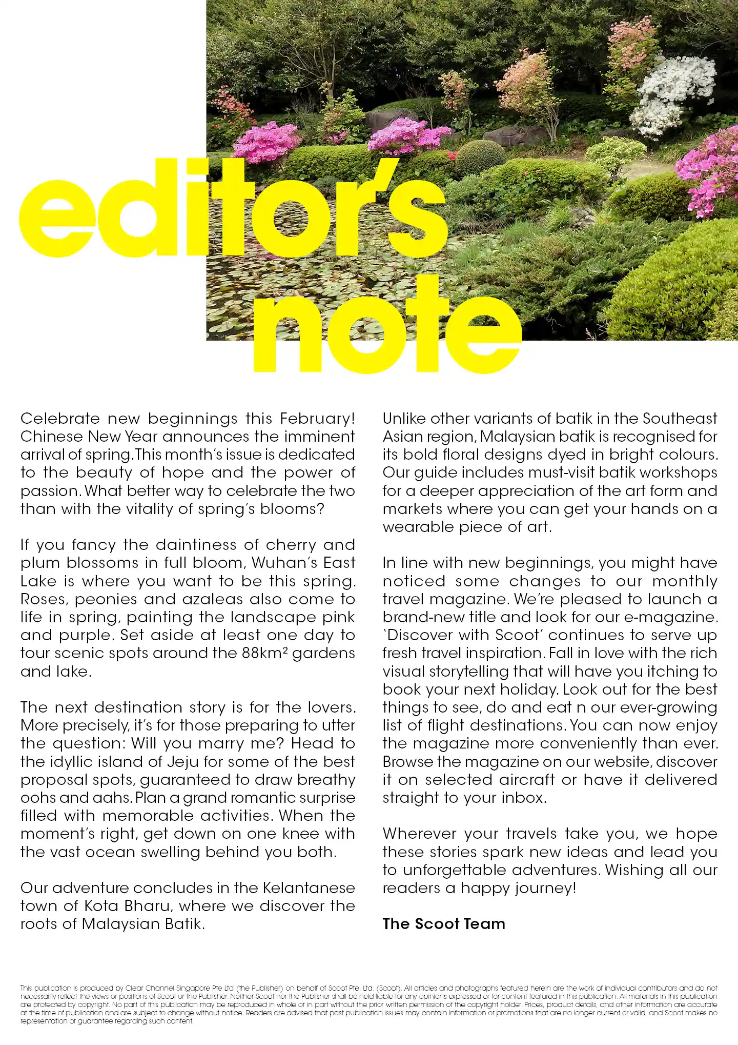 Editor's note on the february issue featuring destinations, Wuhan, Jeju and Kota Bharu and the rebranding of a visual-heavy emagazine