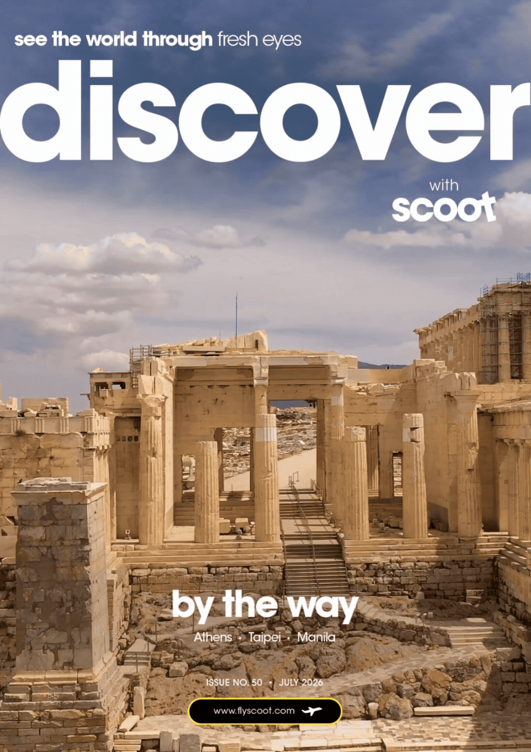 Discover with Scoot magazine cover featuring a low-angle view of the ancient stone columns of the Acropolis in Athens against a cloudy sky