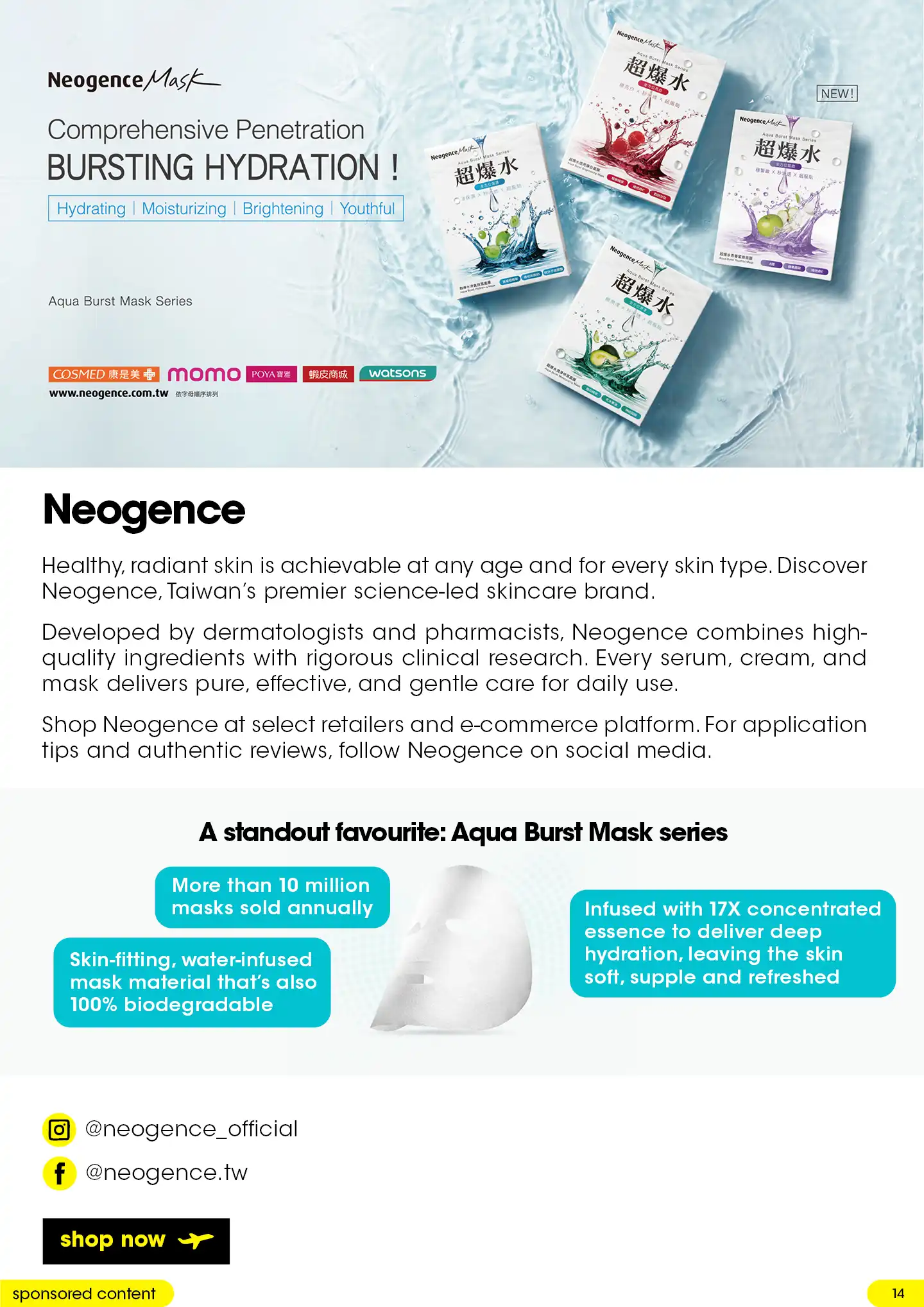 Four packages of Neogence Aqua Burst sheet masks splashing into water above a graphic of a white sheet mask