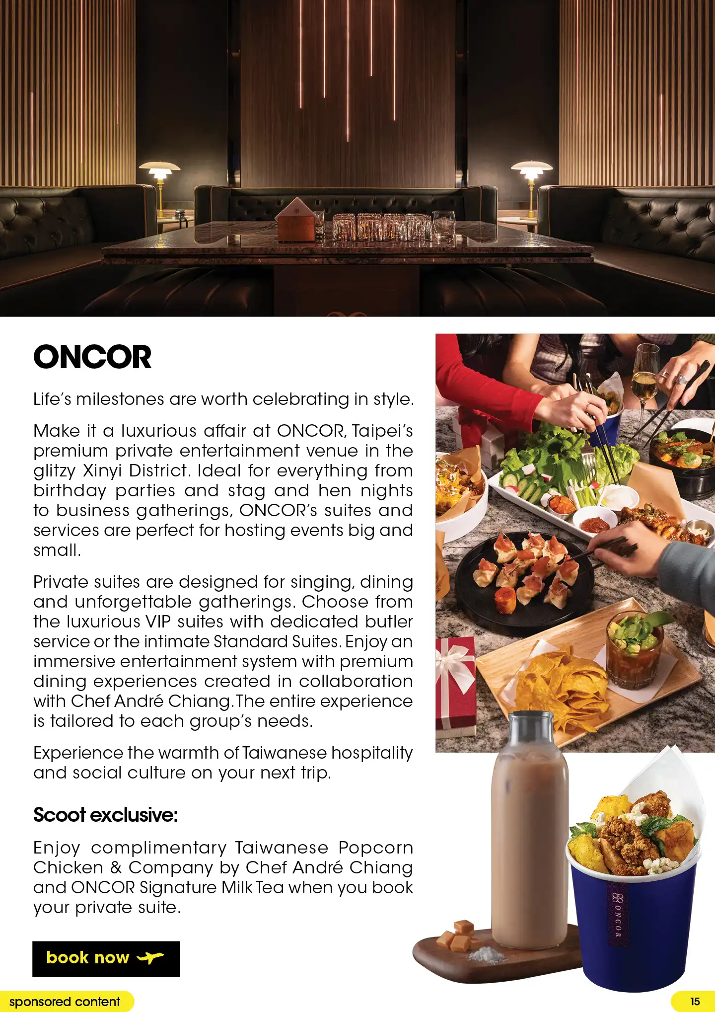 A luxury private VIP entertainment suite with dark leather booths, and guests sharing gourmet food and milk tea