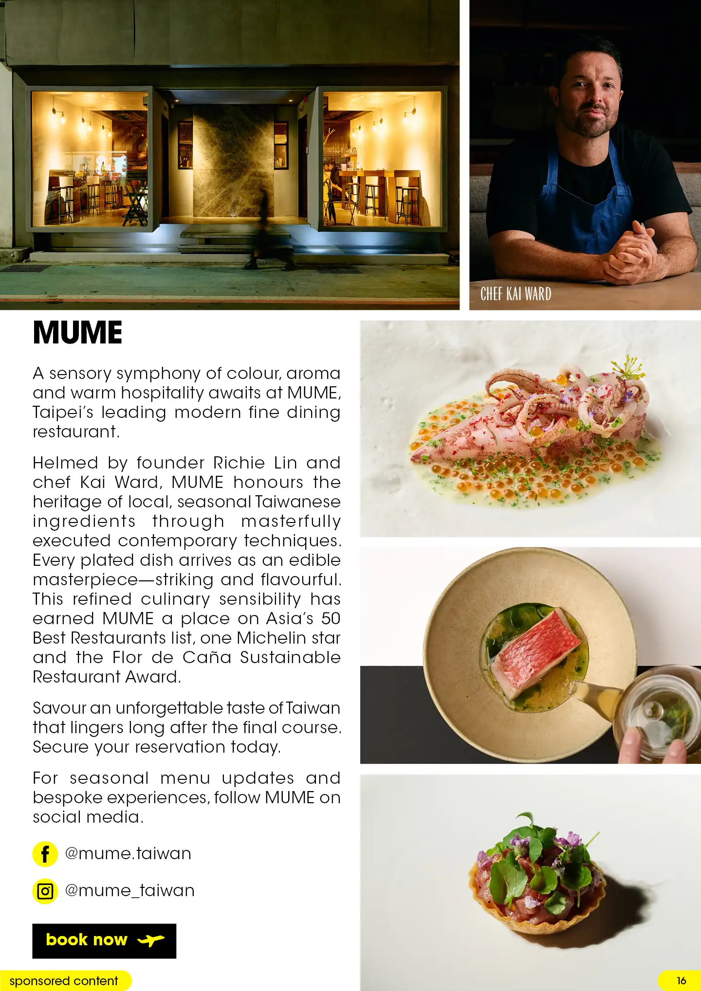 Modern fine dining restaurant exterior, portrait of Chef Kai Ward, and three masterfully plated artistic dishes