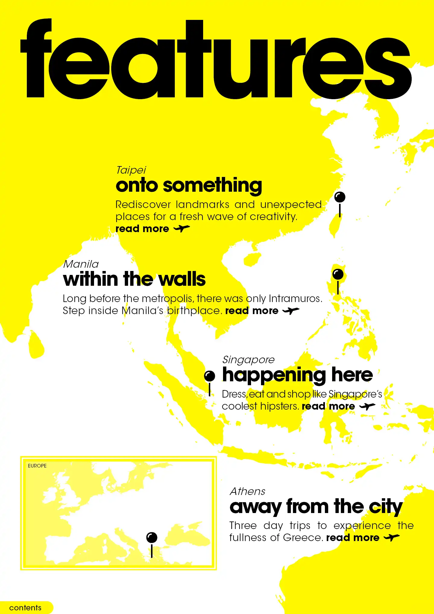 Travel directory map of Asia and Europe on a bright yellow background, marking Taipei, Manila, Singapore, and Athens