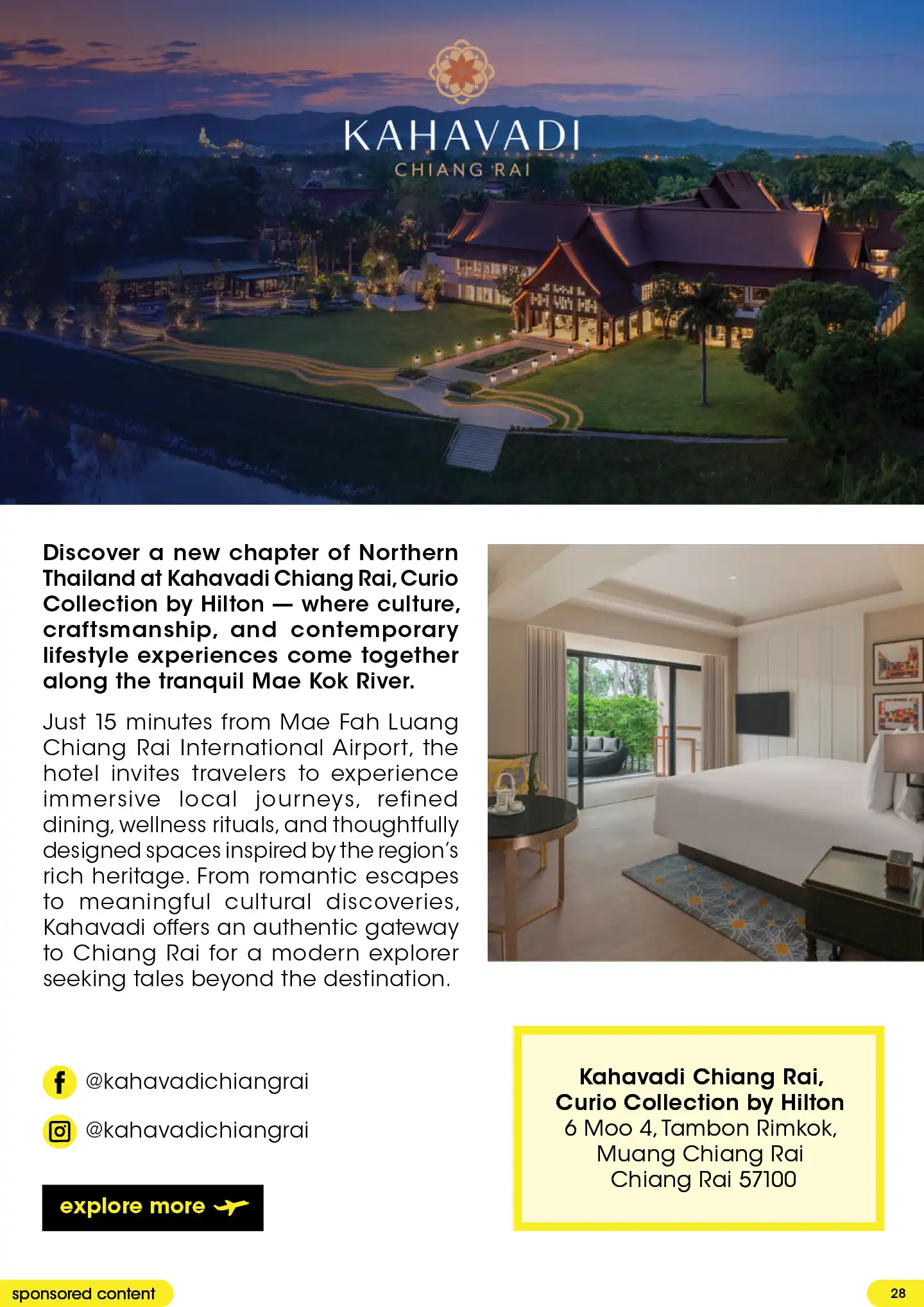Dusk view of a traditional Northern Thai-style riverside resort building and a modern luxury hotel bedroom interior