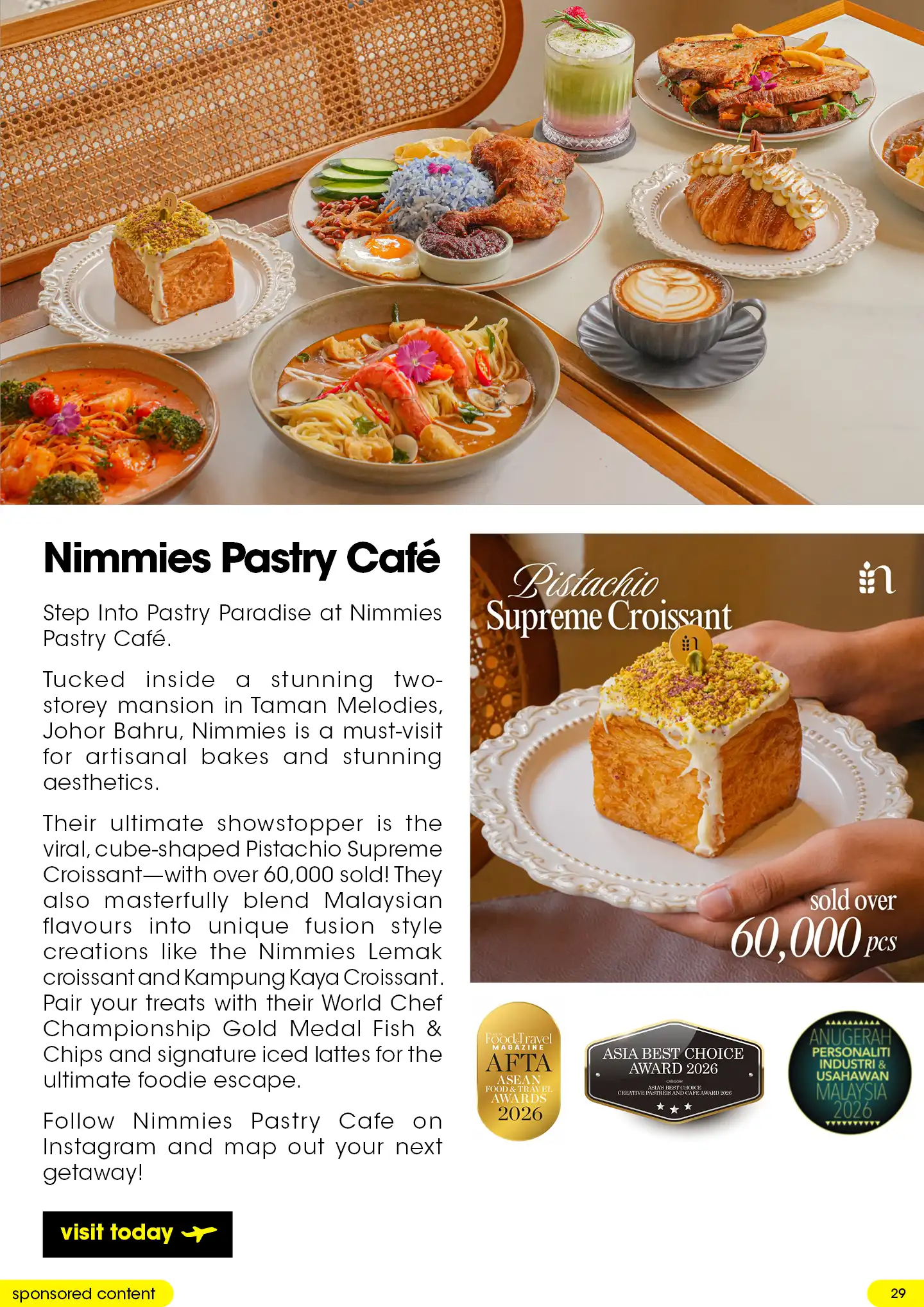 Table spread of gourmet fusion dishes and a close-up of a viral, cube-shaped Pistachio Supreme Croissant coated in nuts