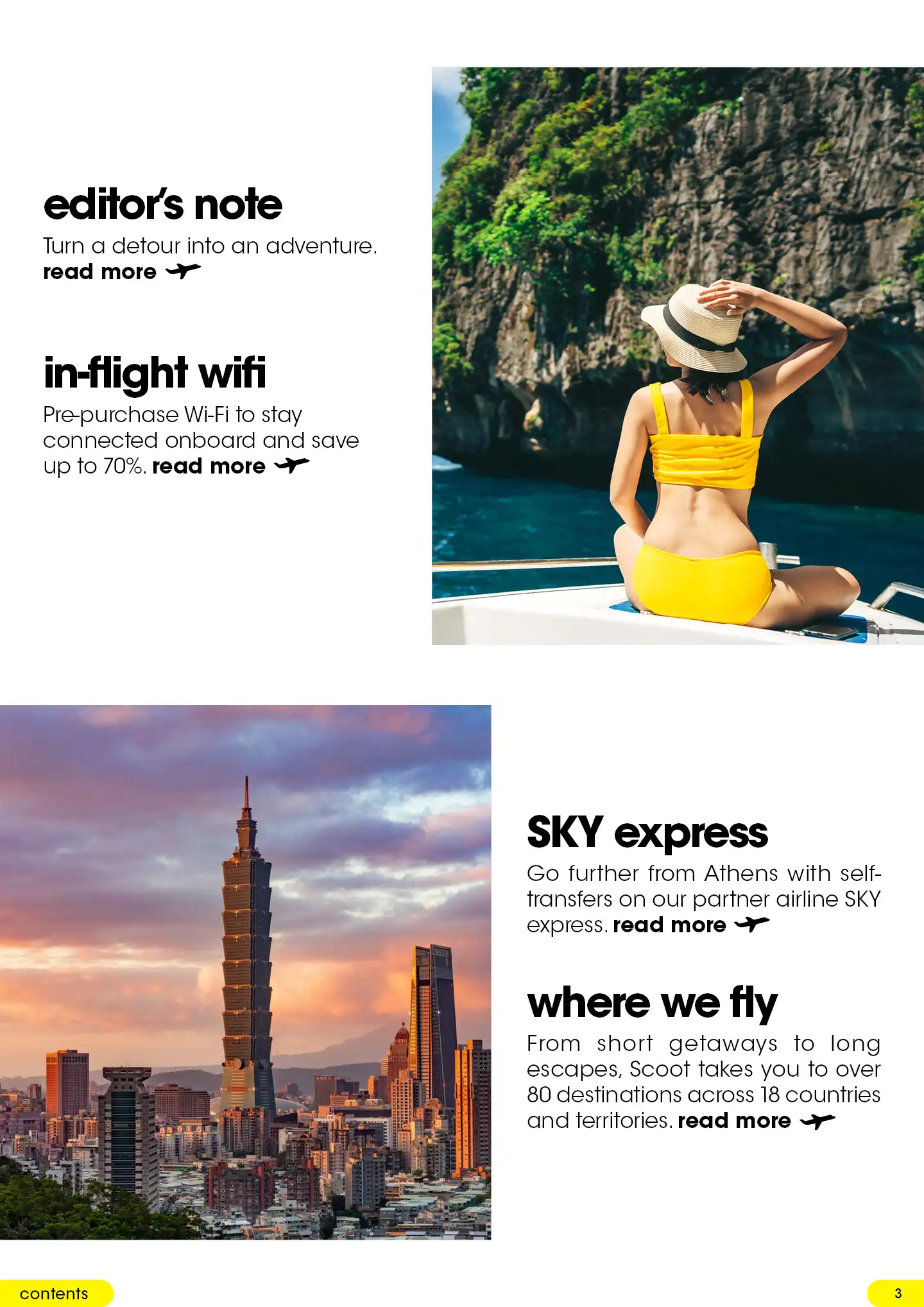 Split layout showing a woman on a boat looking at a tropical cliffside, and a tall skyscraper in Taipei during sunset