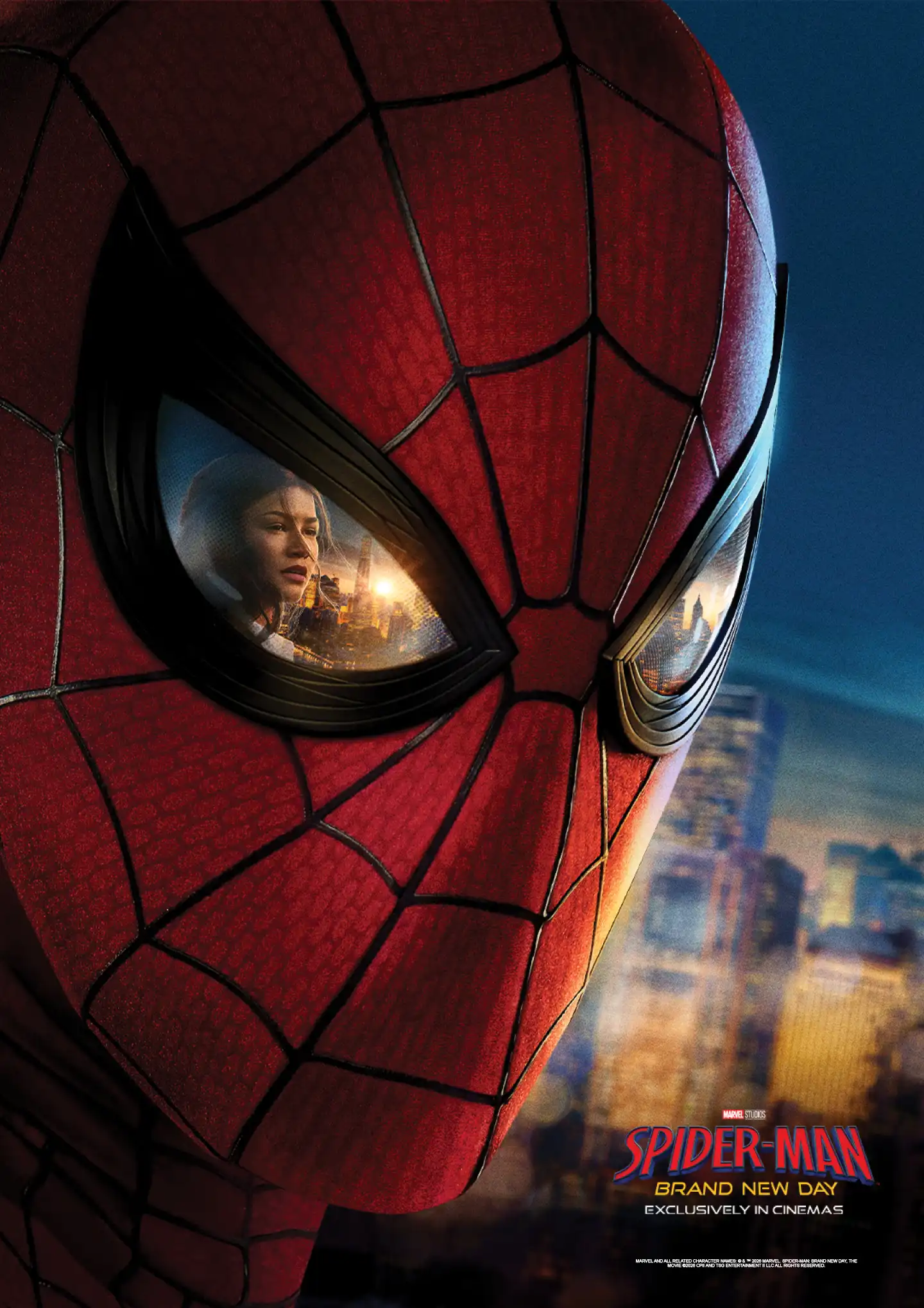 Spider-Man poster for Brand New Day with MJ reflected in his mask over the city skyline.