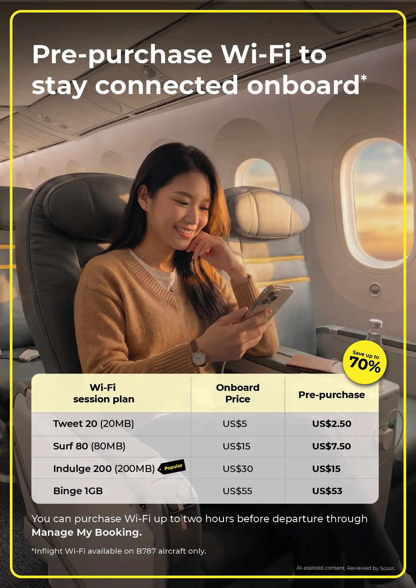 Inflight Wi-Fi pre-purchase discount chart offering up to 70 percent off onboard pricing for B787 flights.