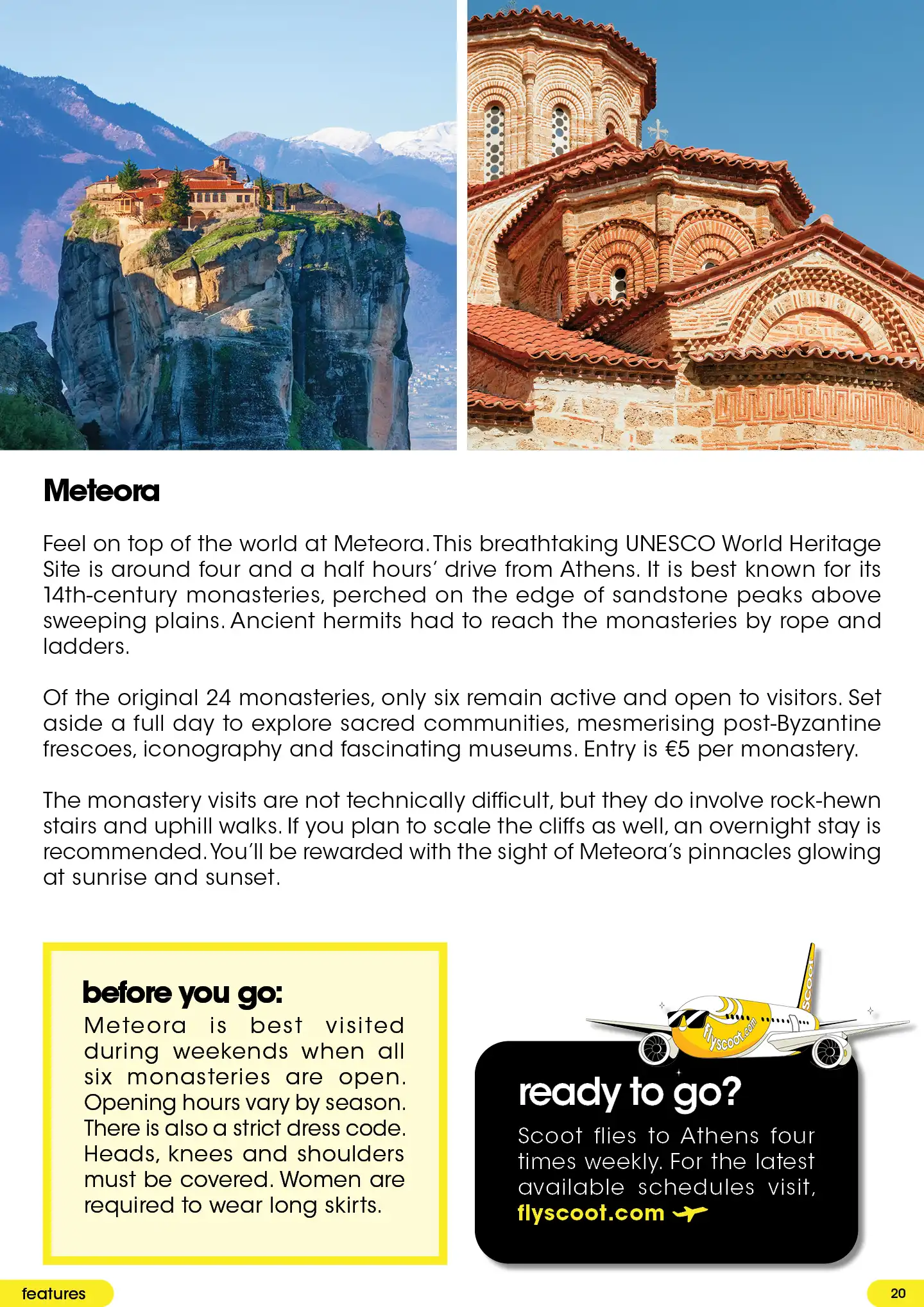 A 14th-century monastery perched on an isolated sandstone peak, and a close-up of a red-brick Byzantine church facade