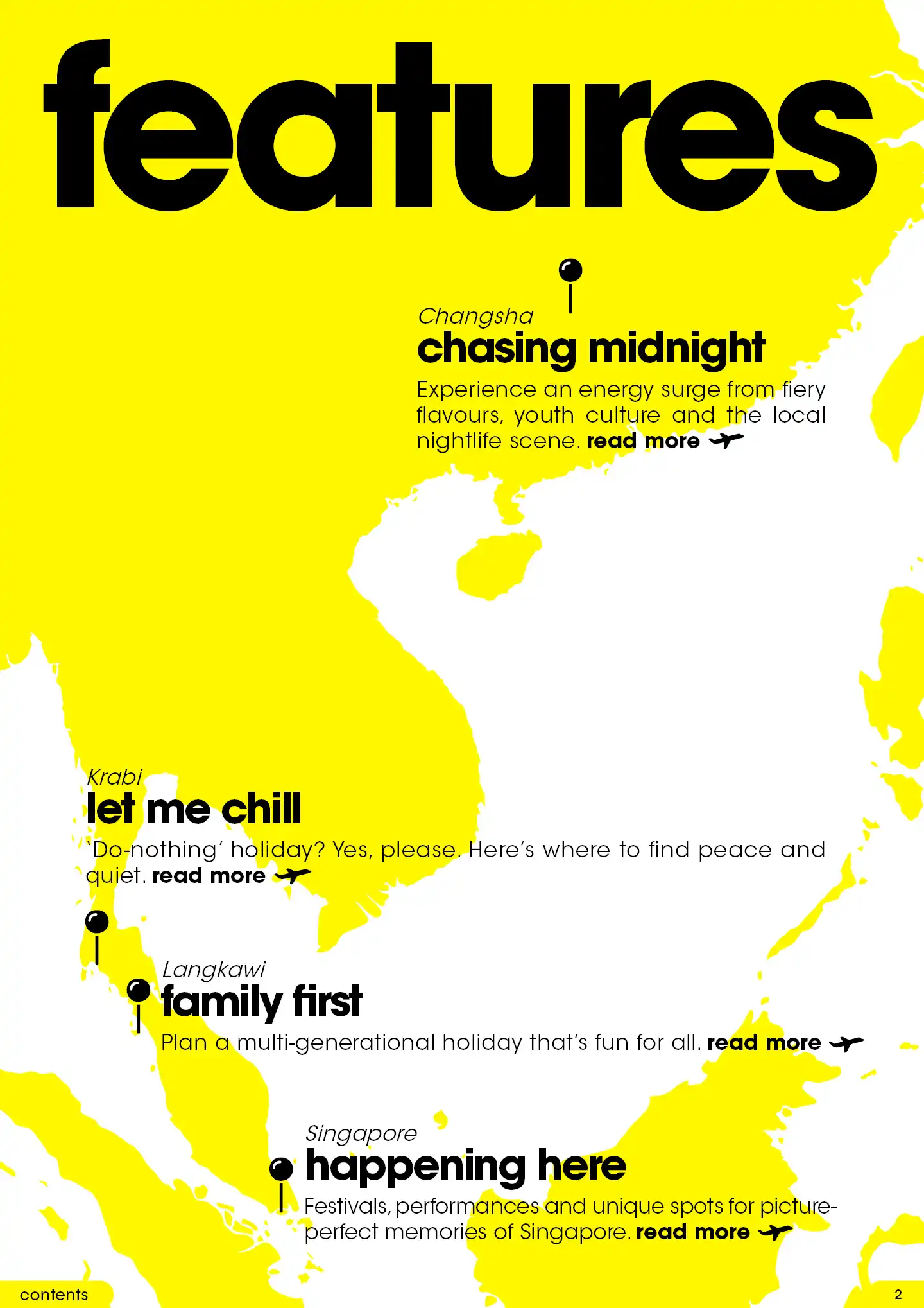 Bright yellow map of Southeast Asia highlighting travel destinations like Changsha, Krabi, and Langkawi.