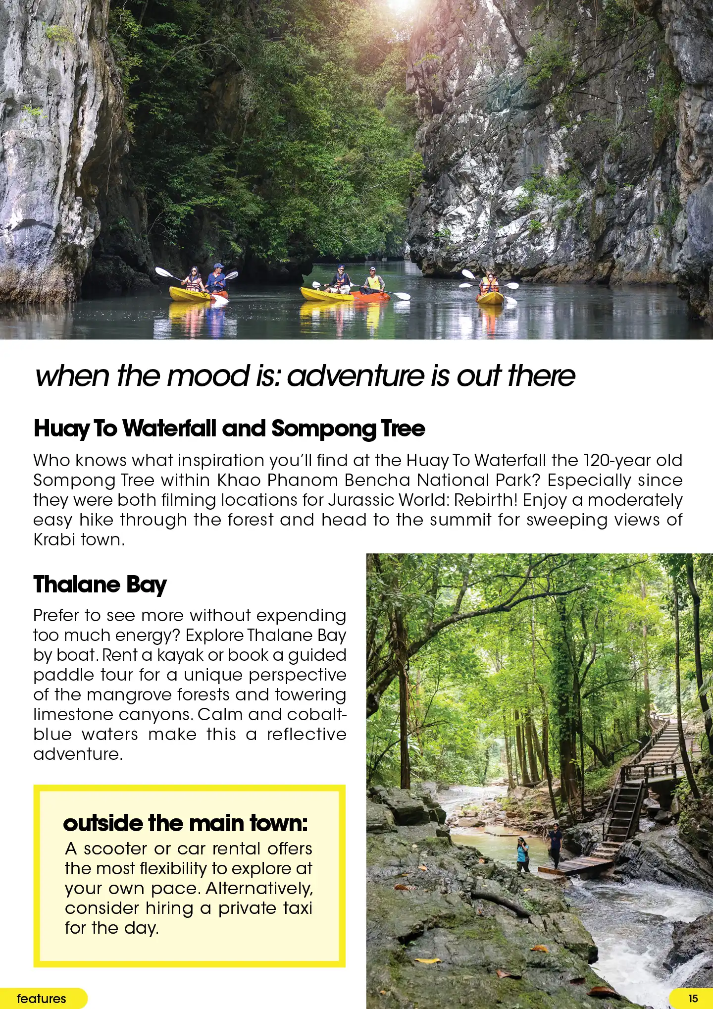 Kayakers paddling through a narrow turquoise waterway flanked by towering limestone canyons.