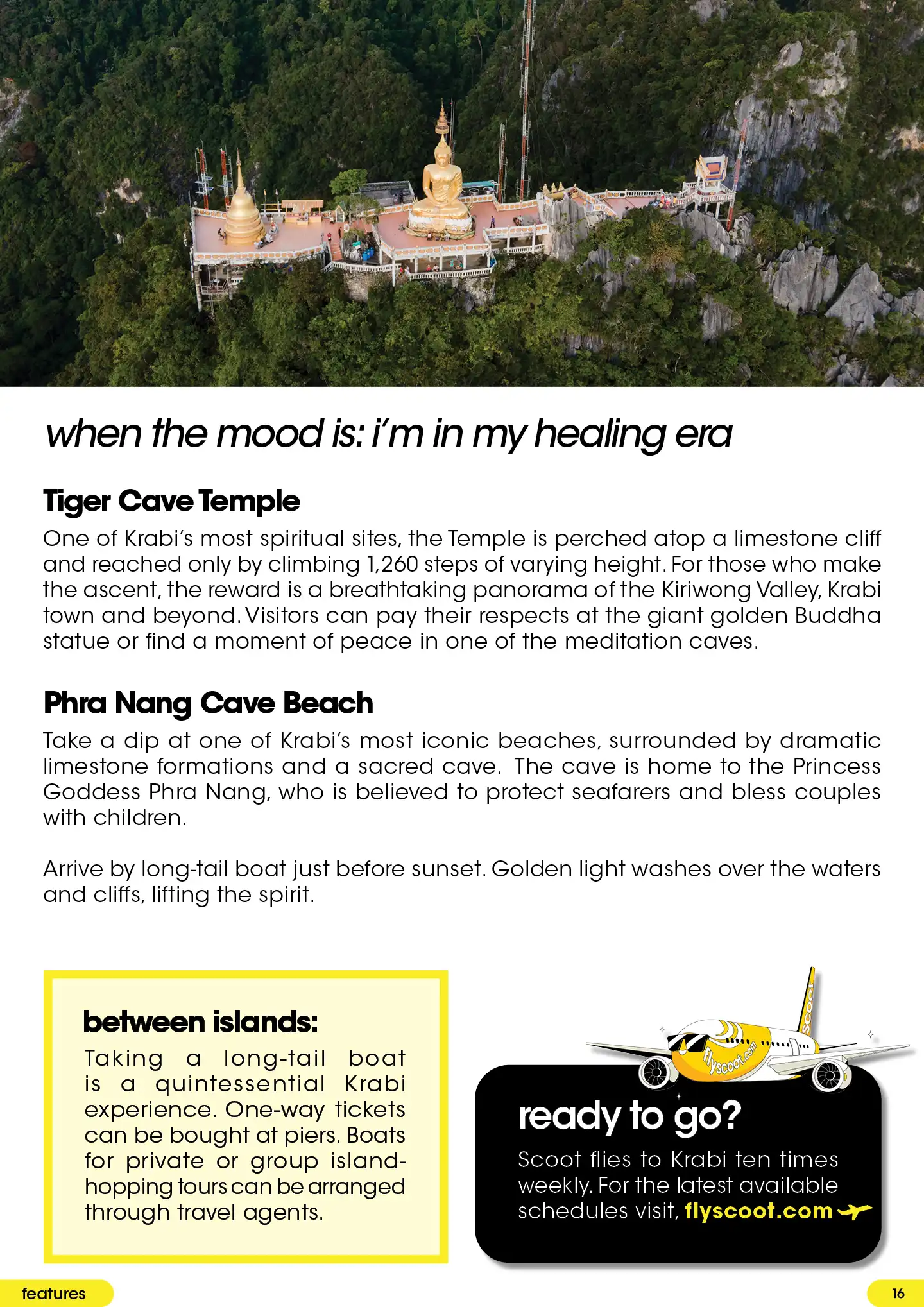 Aerial view of Tiger Cave Temple’s golden Buddha statue in Krabi and a yellow Scoot airplane flying.