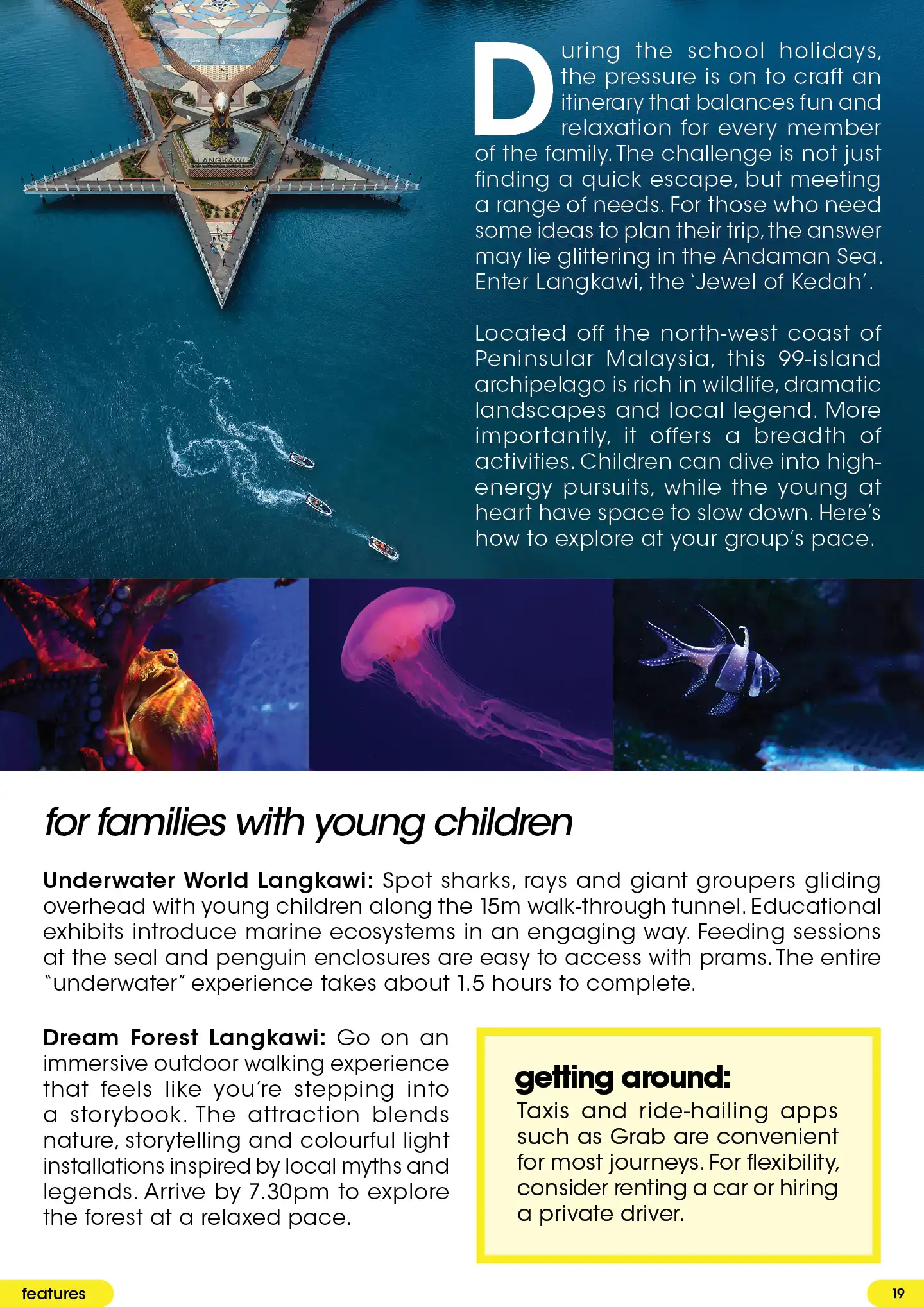 Aerial view of Eagle Square and vibrant underwater photos of a jellyfish and clownfish in Langkawi.