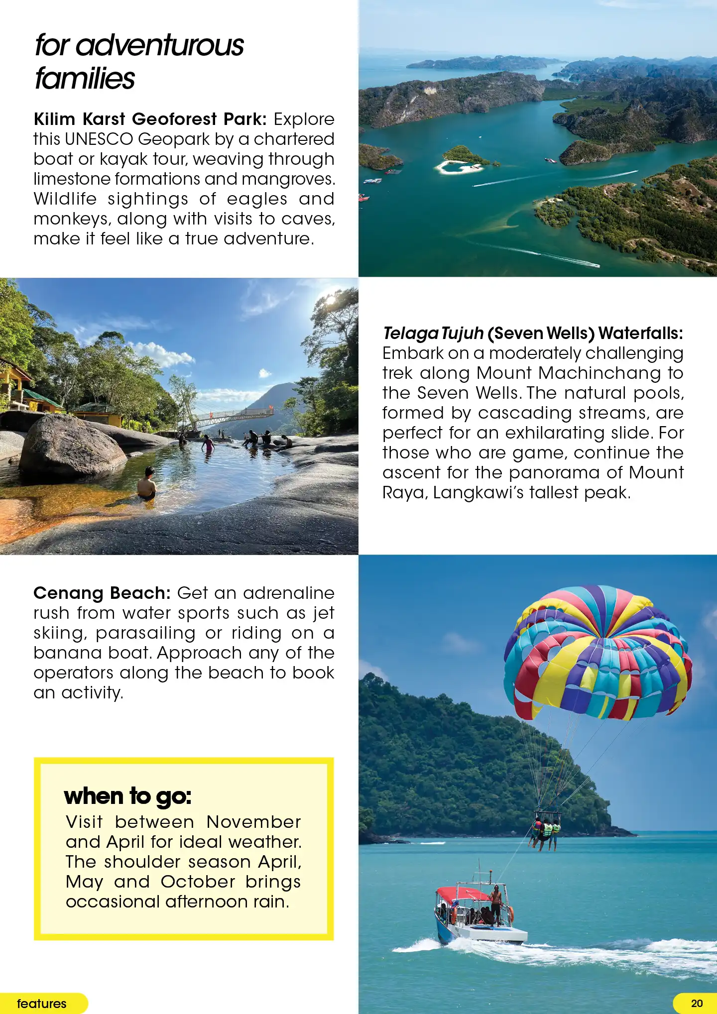 Collage showing Langkawi's Kilim Karst Geoforest Park, Seven Wells Waterfalls, and a person parasailing.