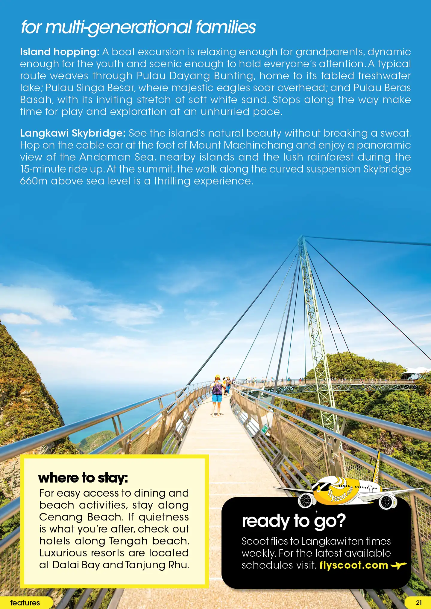 Tourists walking on the curved Langkawi Skybridge overlooking a rainforest and a Scoot airplane.