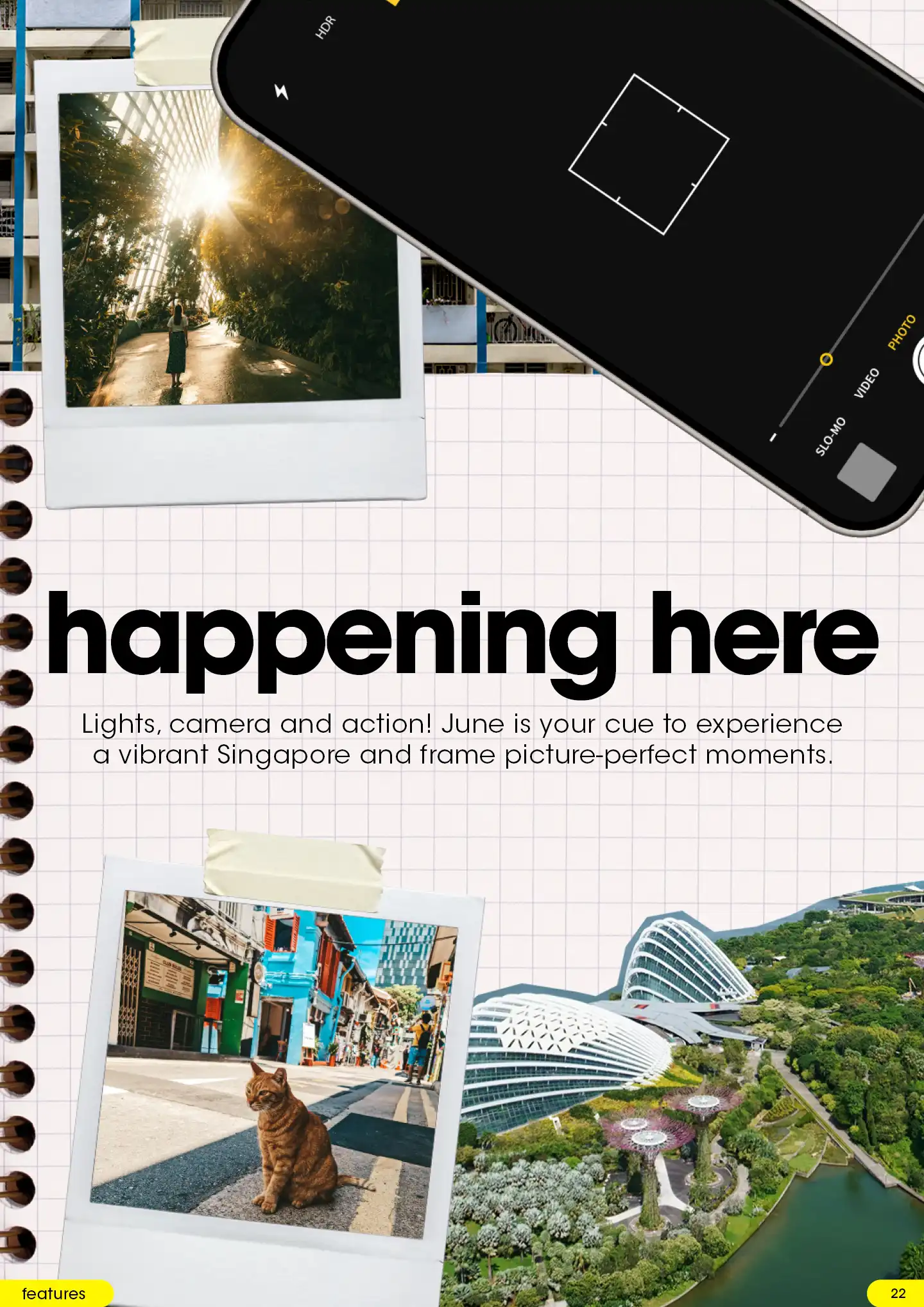 Collage of Singapore photography spots including Gardens by the Bay and a ginger cat in a colorful alley.