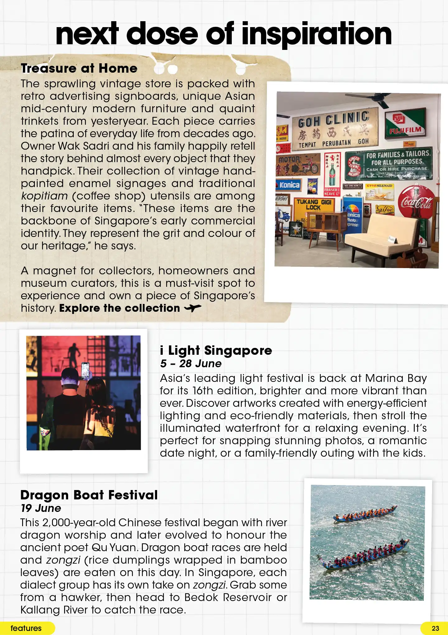 Images of the i Light Singapore festival, a dragon boat race, and a Ronald McDonald statue in a shop.