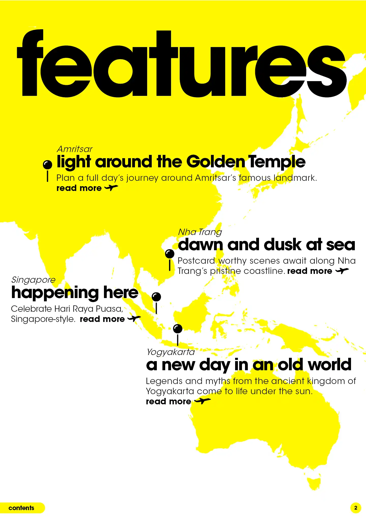 Contents page with yellow Asia map, featuring stories on Amritsar, Nha Trang, and Yogyakarta travel.