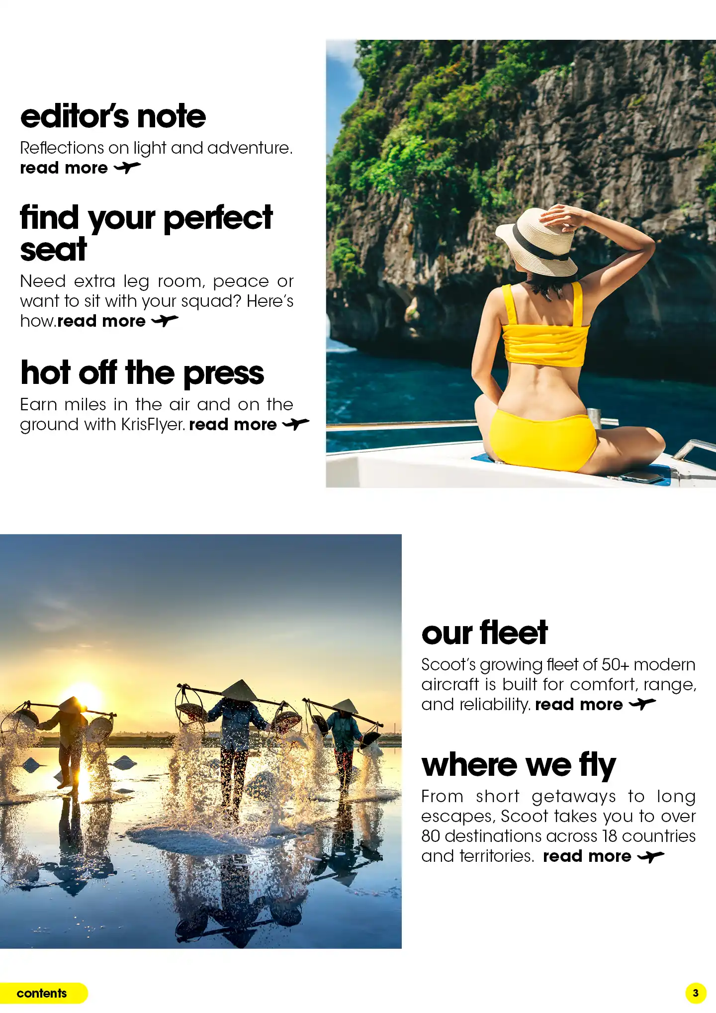 Contents page with woman on a boat, listing travel features and holiday topics.