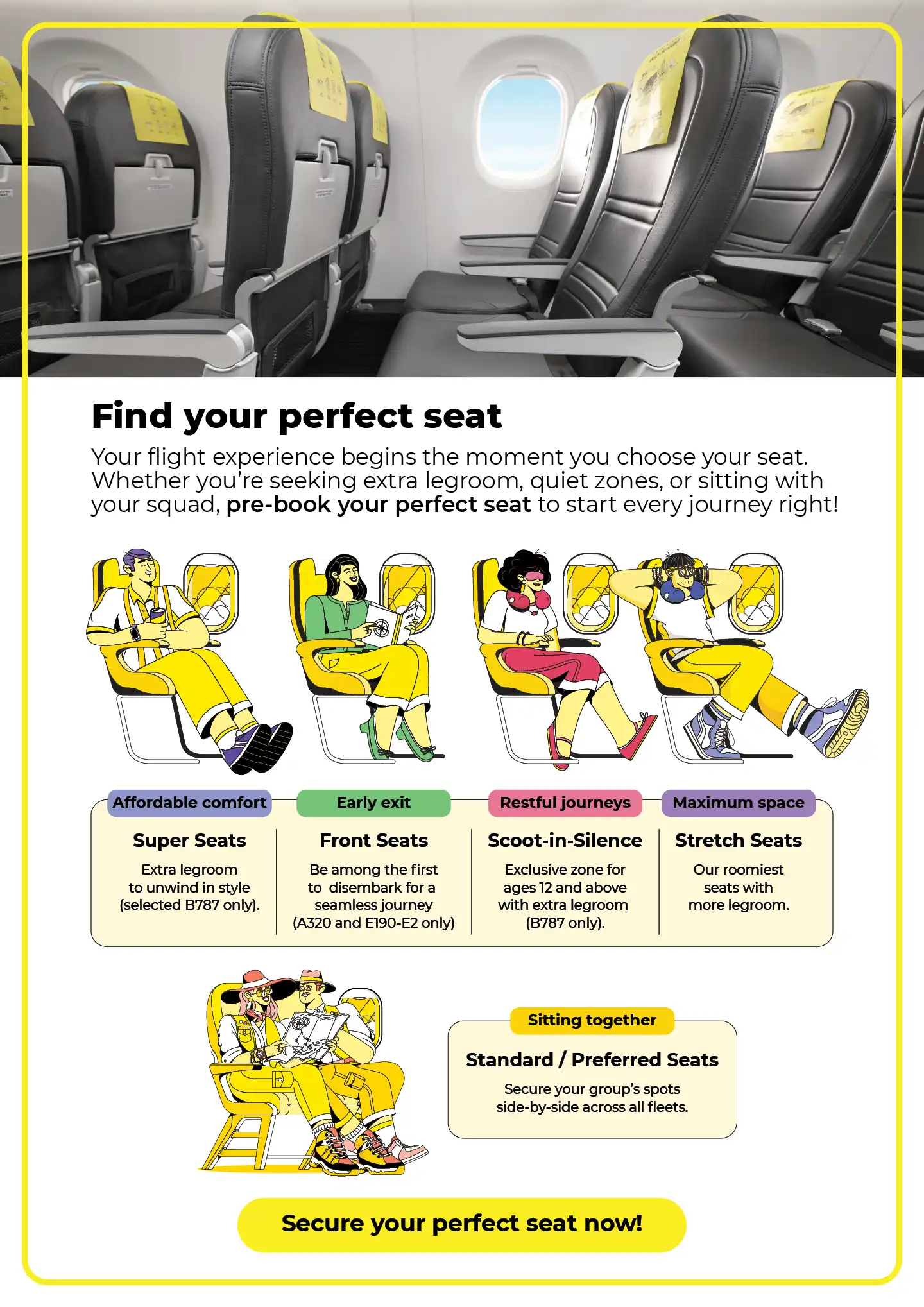 Find your perfect seat guide for Scoot flights, showing airplane seat options, illustrations, and cabin seat photo.