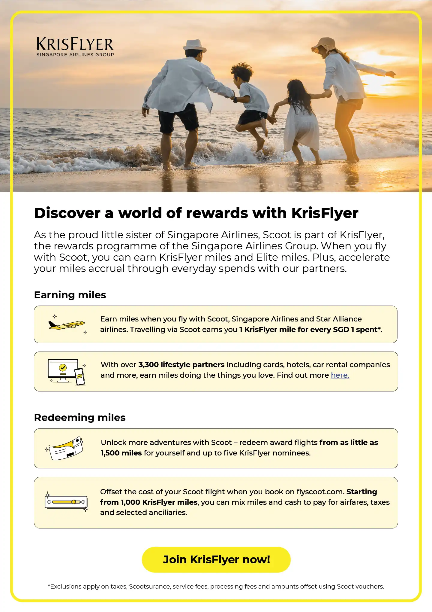 KrisFlyer rewards program information with family at beach, details on earning, redeeming airline miles with Scoot.