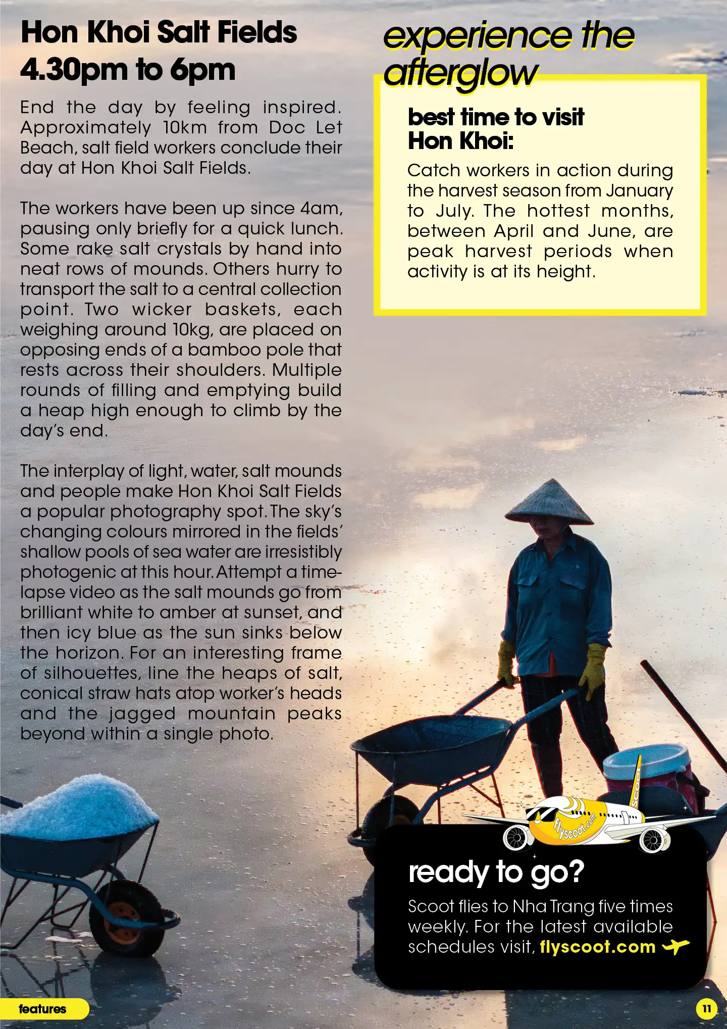 Hon Khoi Salt Fields feature with salt worker, wheelbarrow, glistening salt flats, and info on best times to visit.