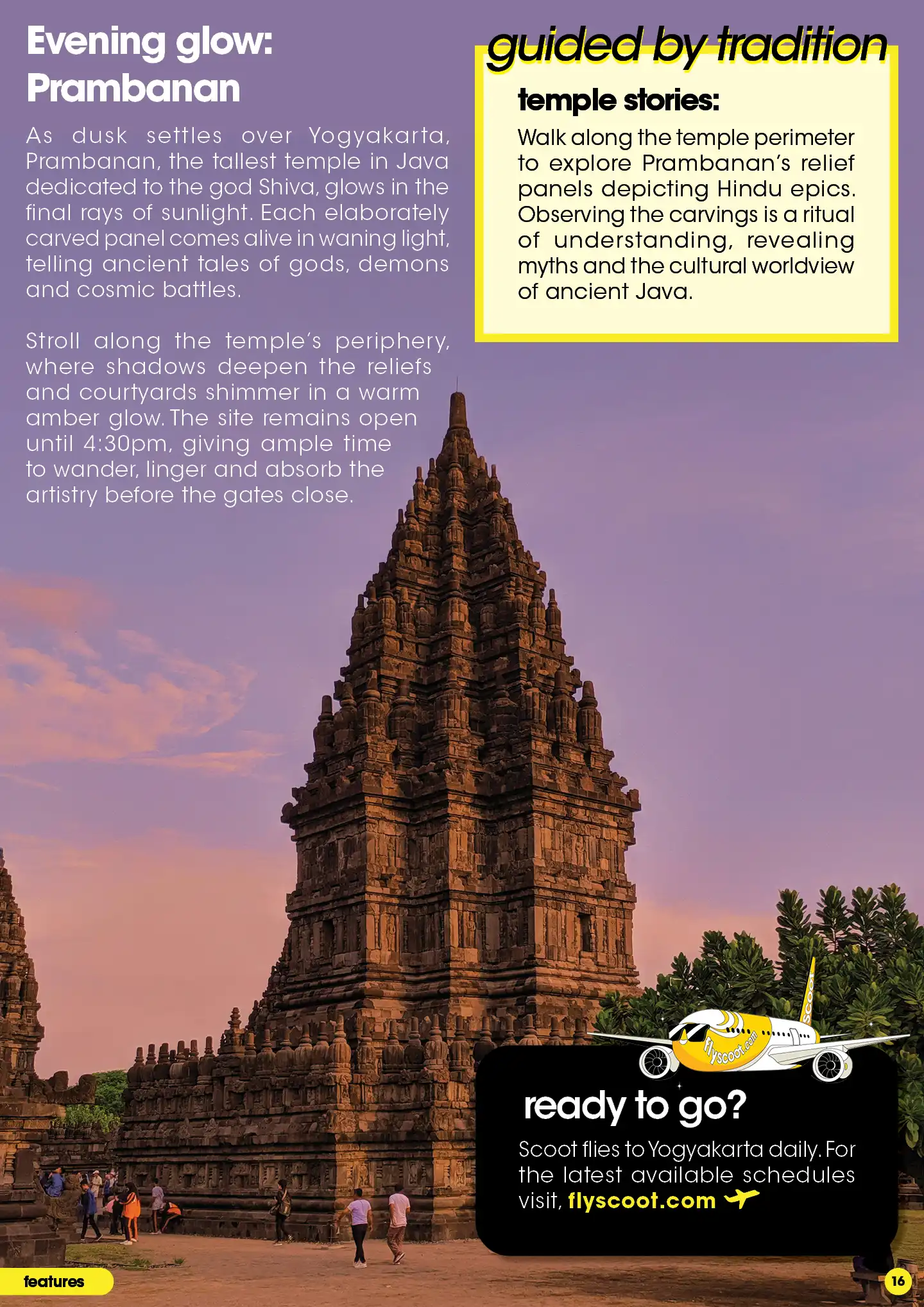Prambanan Temple at sunset, glowing in amber light with detailed reliefs and scenic Yogyakarta backdrop.