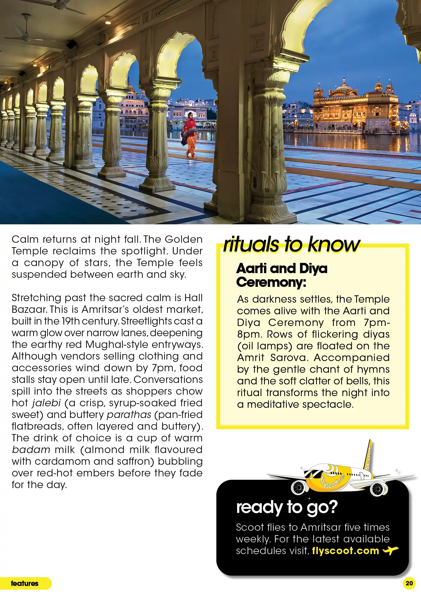 Golden Temple lit at night in Amritsar, India; Hall Bazaar shopping and evening Aarti ritual.