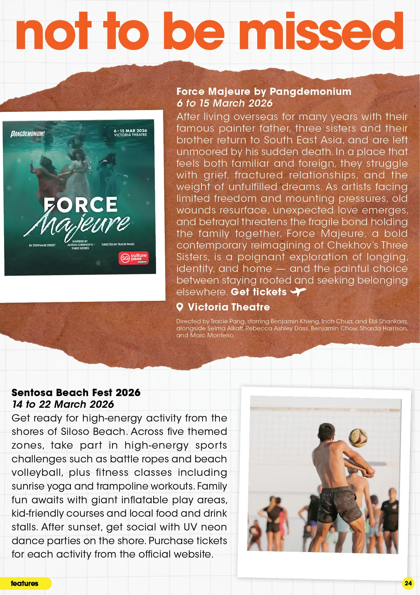 Upcoming Singapore events: Force Majeure play, Sentosa Beach Fest 2026 sports and family activities.