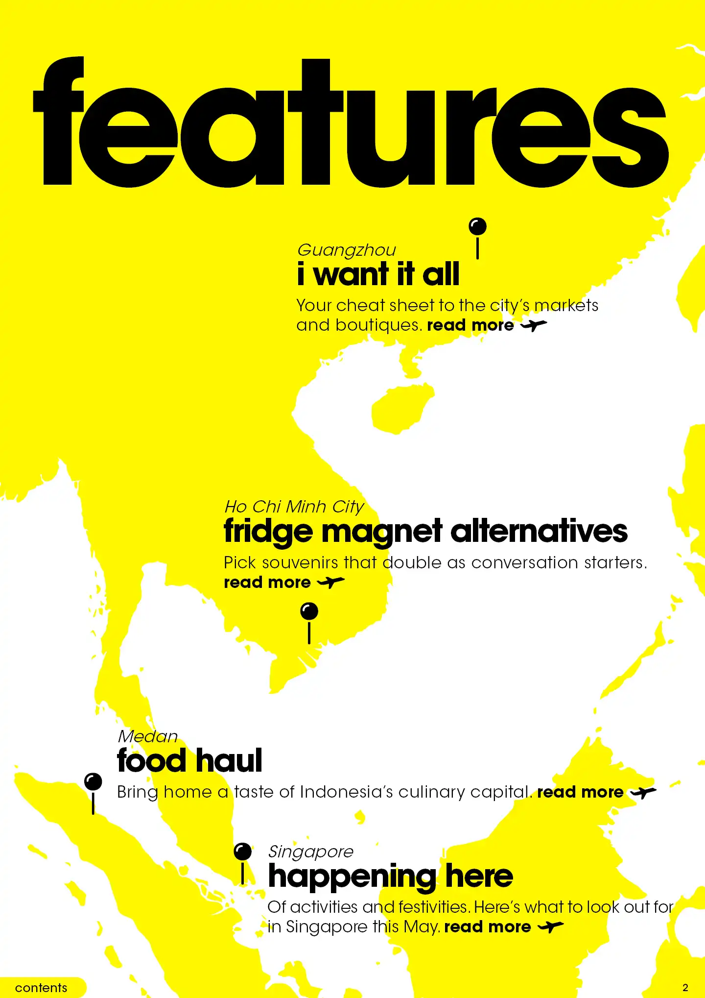 Feature map highlights top shopping and food destinations Guangzhou Ho Chi Minh City Medan Singapore