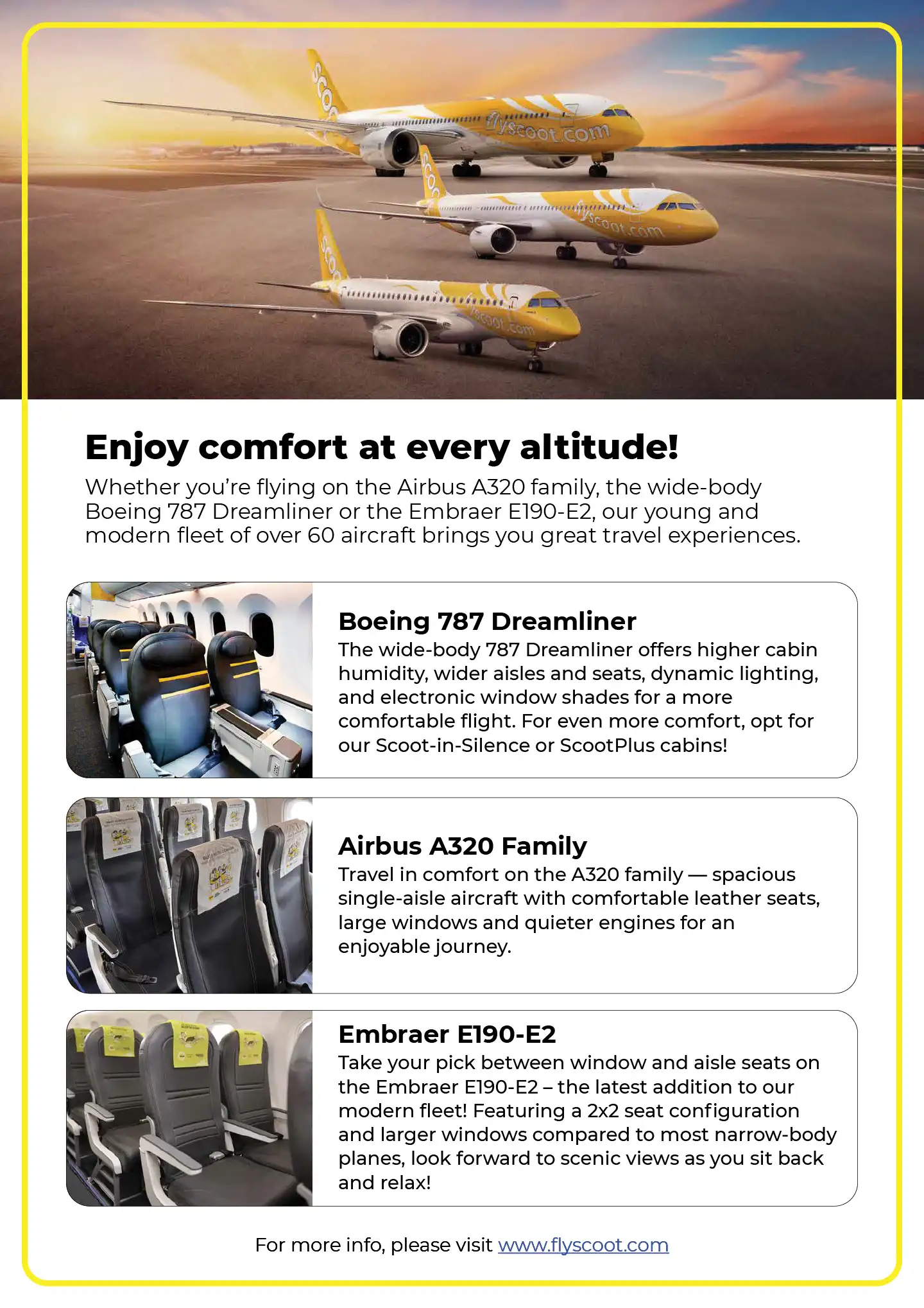 Scoot airline fleet, Boeing 787 Dreamliner, Airbus A320, Embraer E190-E2, over 60 aircraft