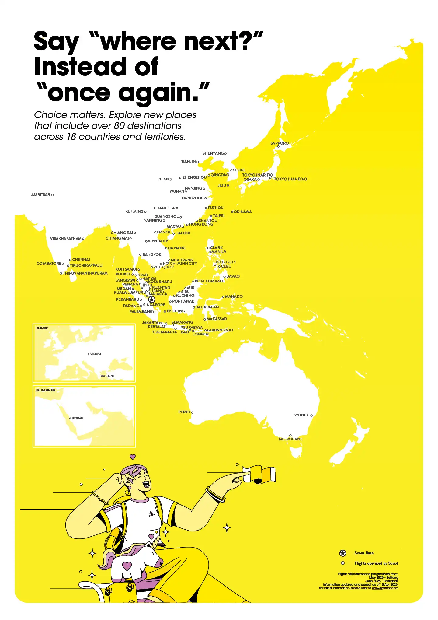 Where to next? Explore over 80 destinations across 18 countries and territories with Scoot