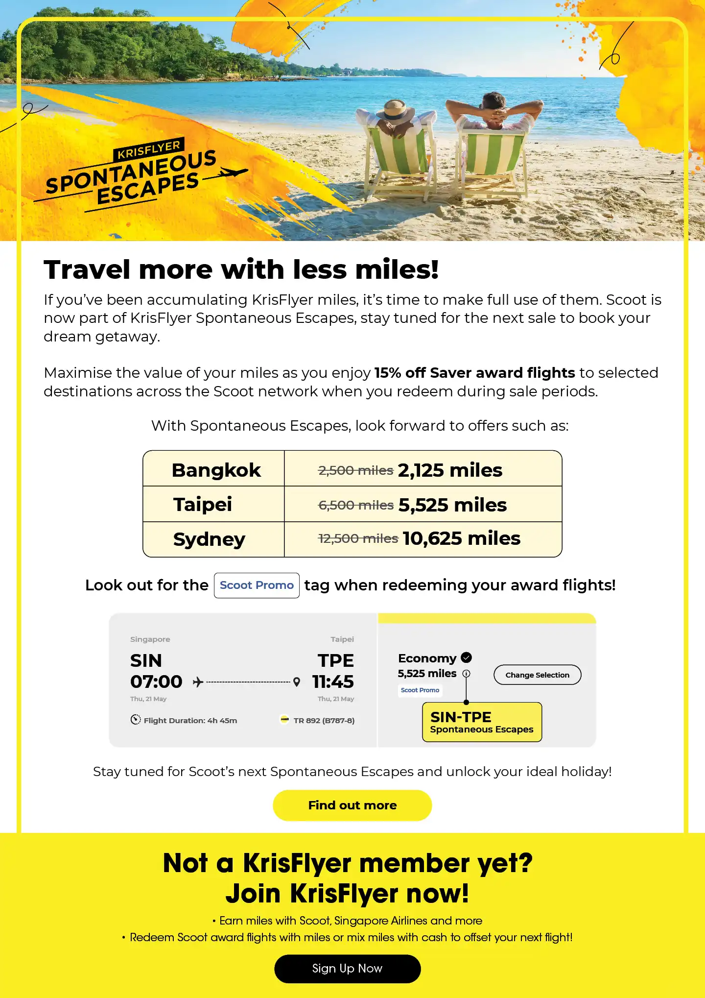 Travel more with less miles with KrisFlyer Spontaneous Escapes - Enjoy 15% off Saver award flights to selected destinations 
