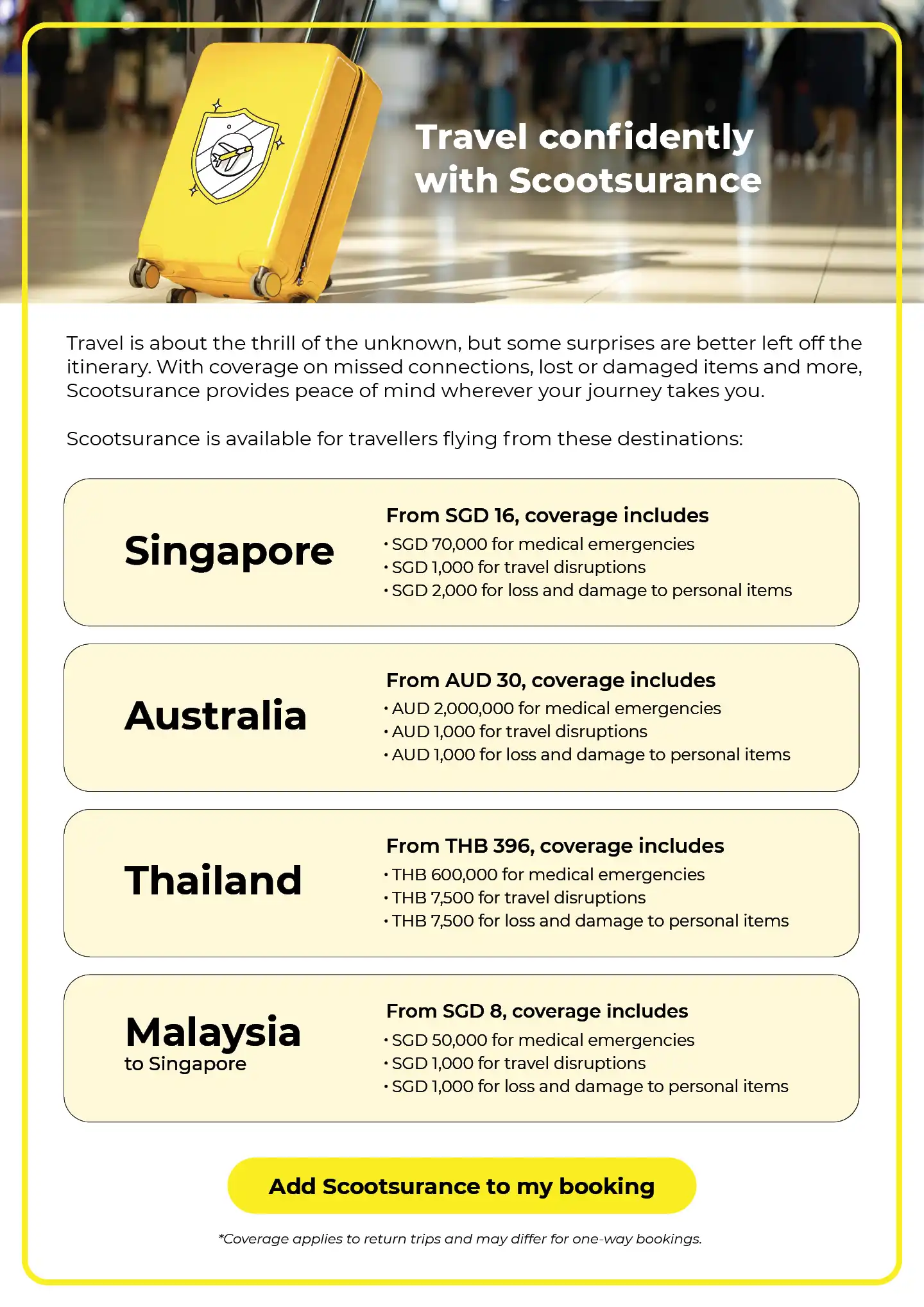 Scootsurance travel insurance from as low as SGD 8 across Singapore, Australia, Thailand, Malaysia, medical and baggage coverage