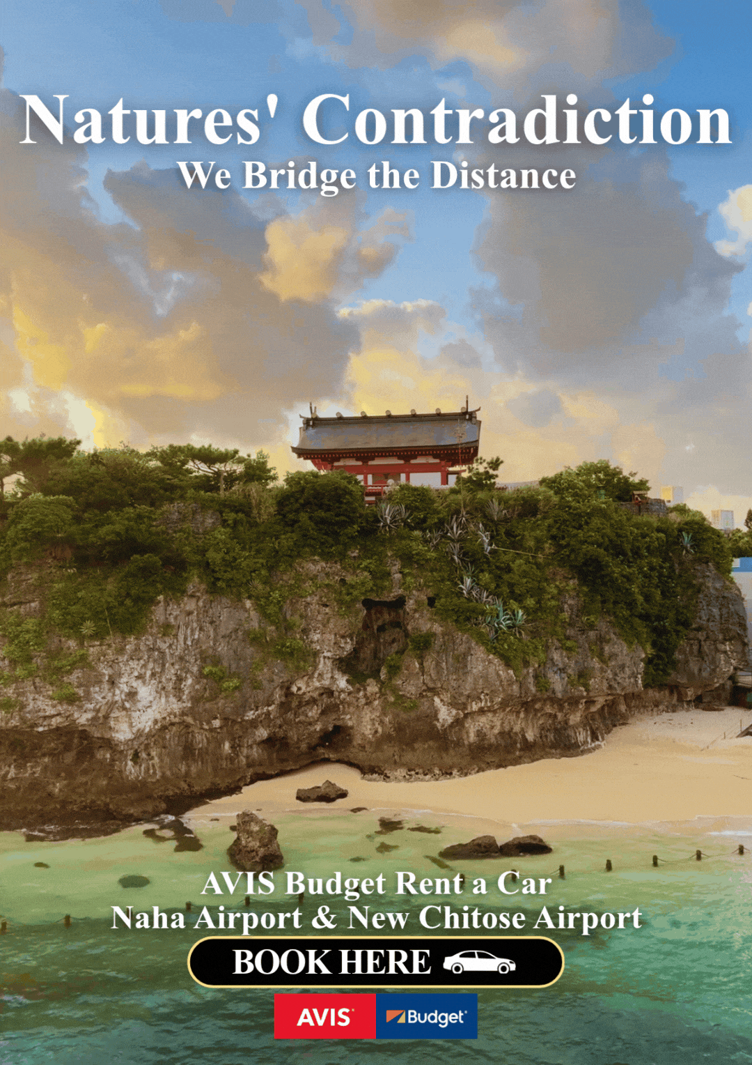 Avis Budget car rental ad promoting Naha Airport and New Chitose Airport with beach and temple scene