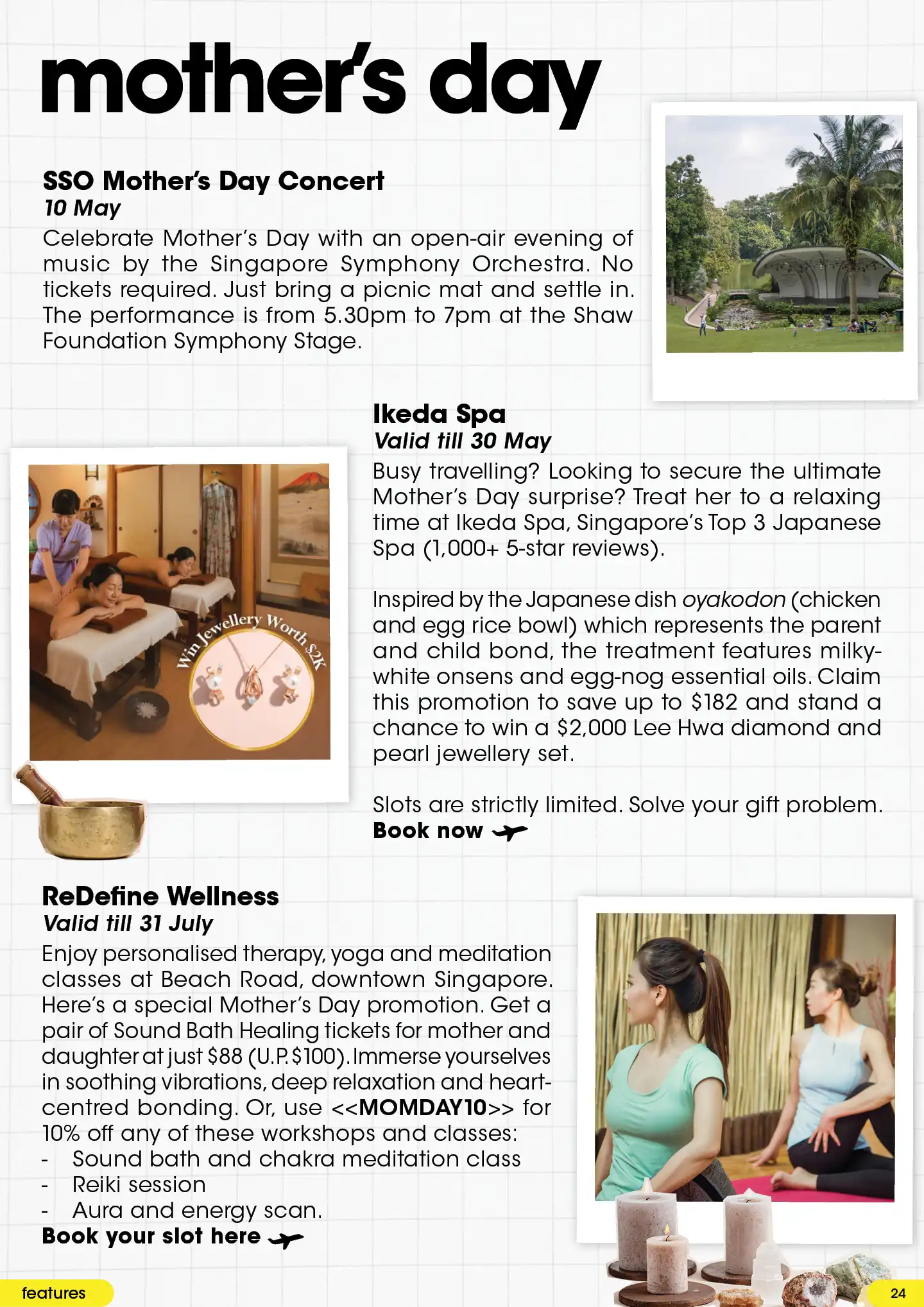Mother's Day spa deals, save up to S$182 at Ikeda Spa, enjoy 10% off sound bath using MOMDAY10 at ReDefine Wellness using till July 31