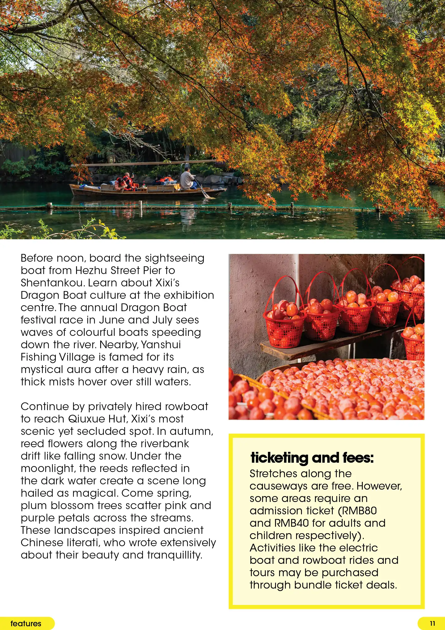 Xixi wetland framed by autumn trees and a traditional sightseeing boat
