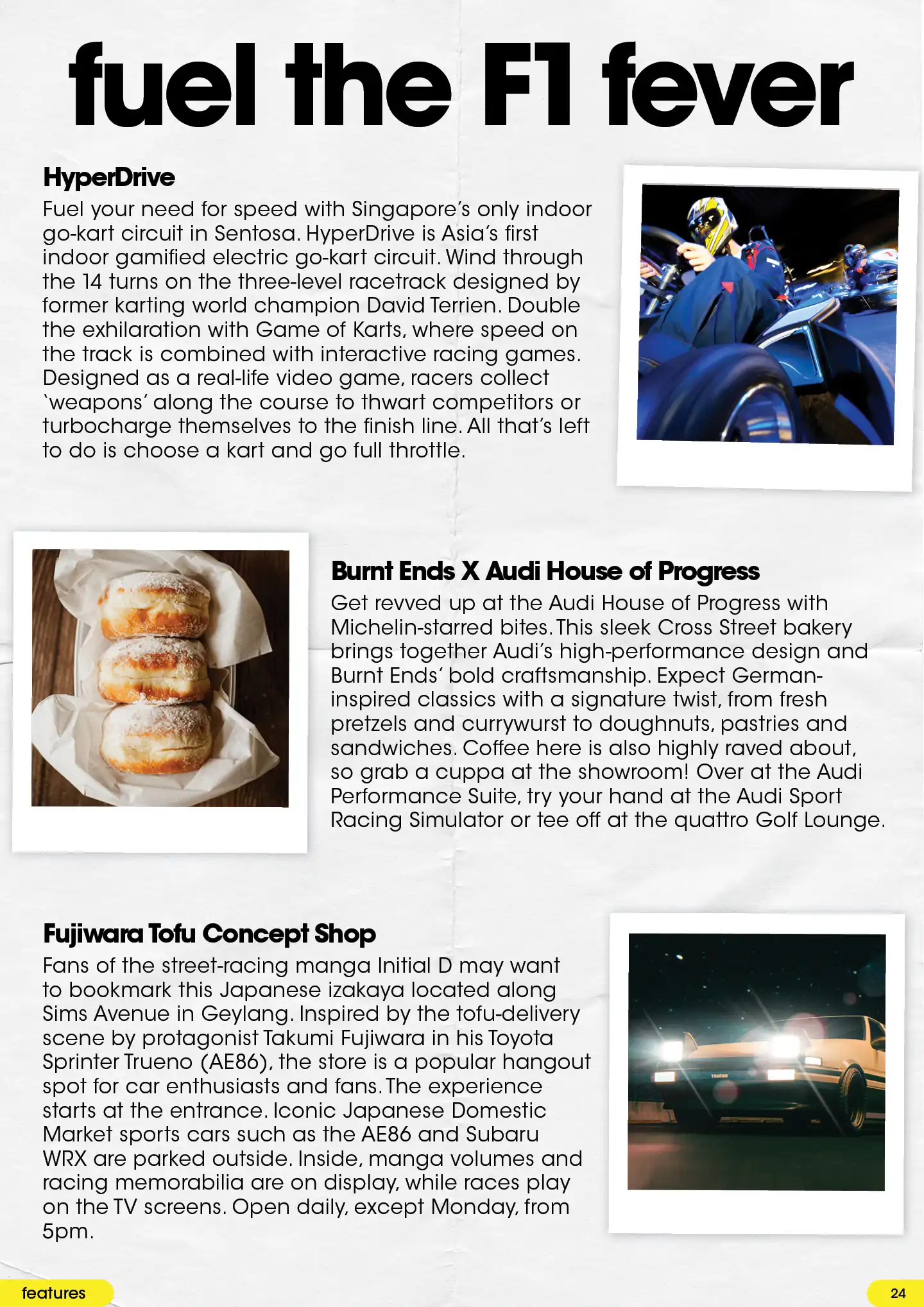 Singapore activities guide featuring HyperDrive karting, Burnt Ends pastries and a Fujiwara Tofu shop