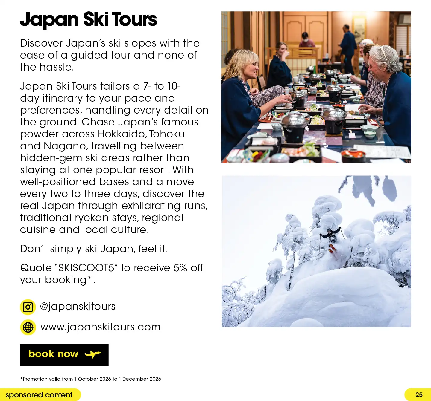 Japan Ski Tours promotion featuring powder skiing, ryokan stays, regional cuisine and 5% off